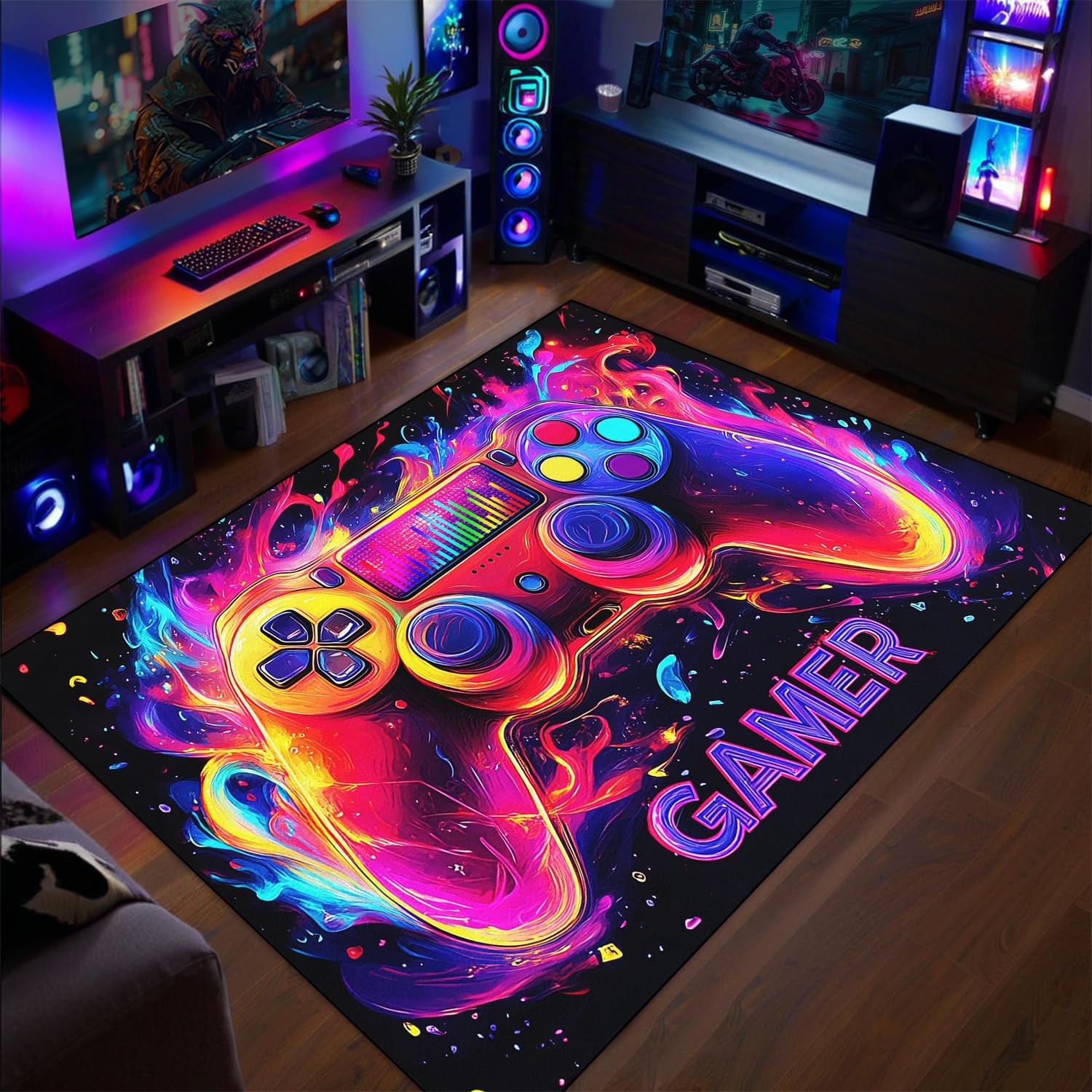 Gamer Rug for Boys Room Gaming 3×5 Colorful Video Game Carpet Playroom Mat