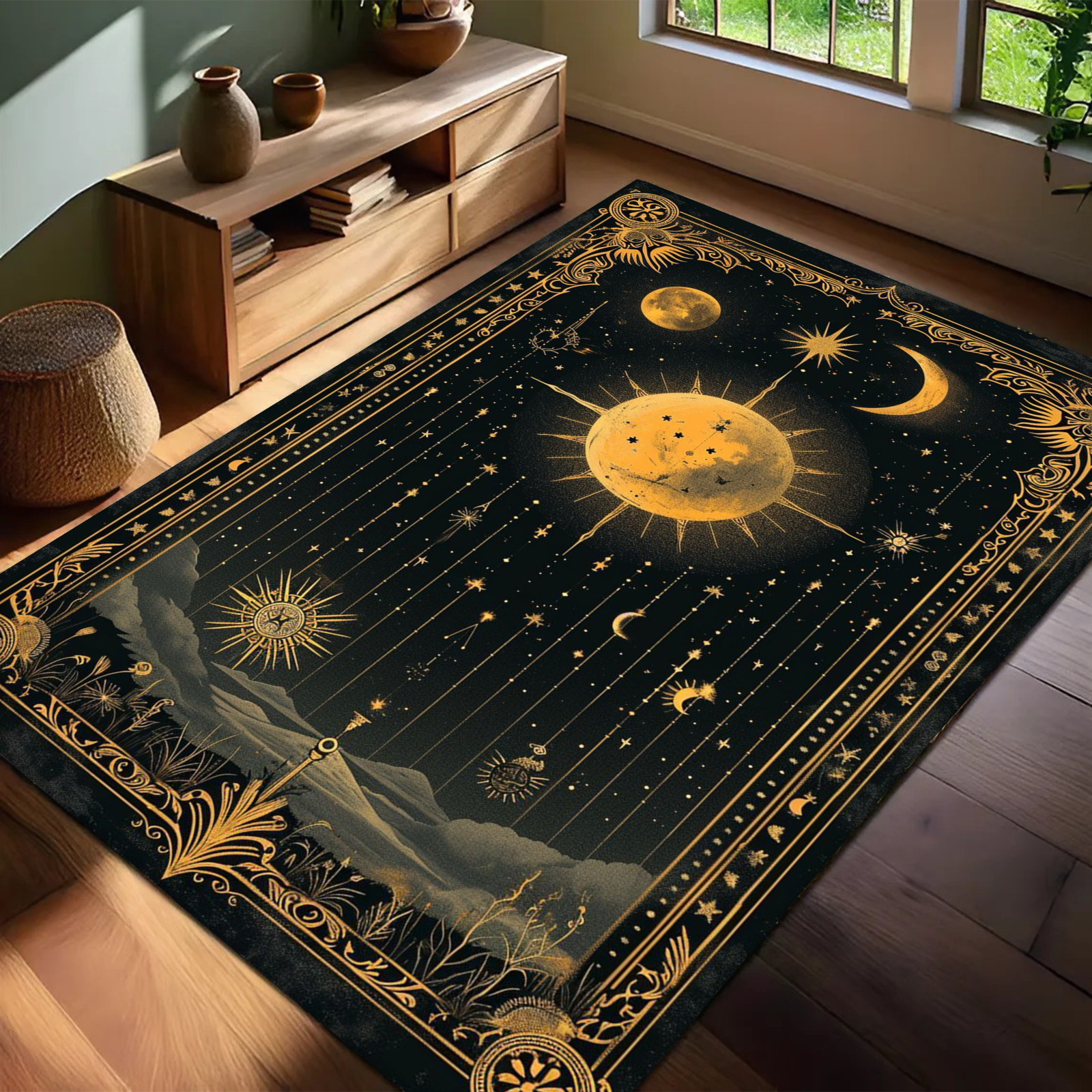 Celestial Sun Moon Stars Area Rug Vintage Gothic Non-Slip Living Room Carpet