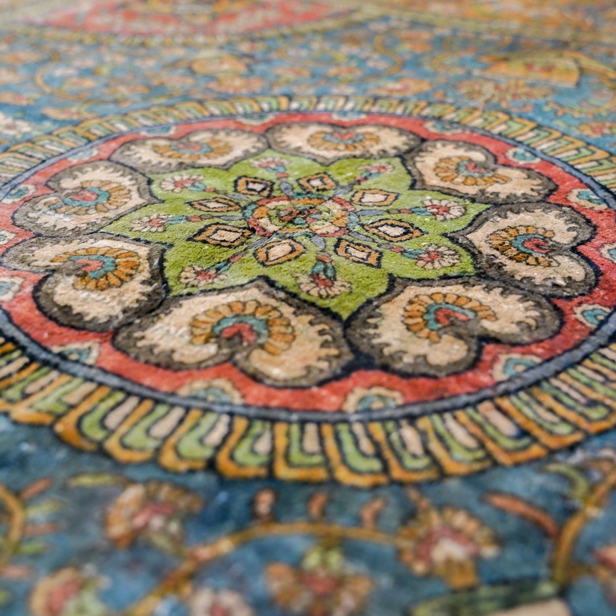 2.5×2.5ft Handmade Silk Rug Small Square Blue hand-knotted Vintage Carpet 876A