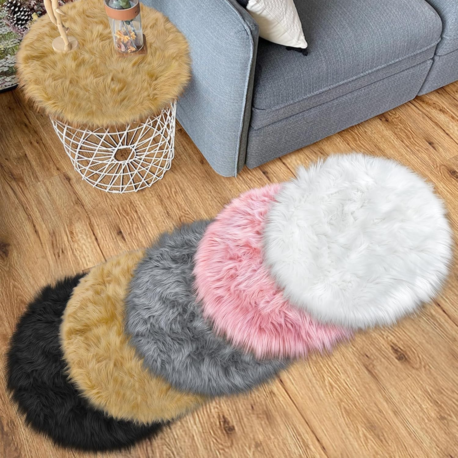 15.7 Inches Mini Khaki round Faux Fur Sheepskin Area Rug, Fluffy Small Circle Ru