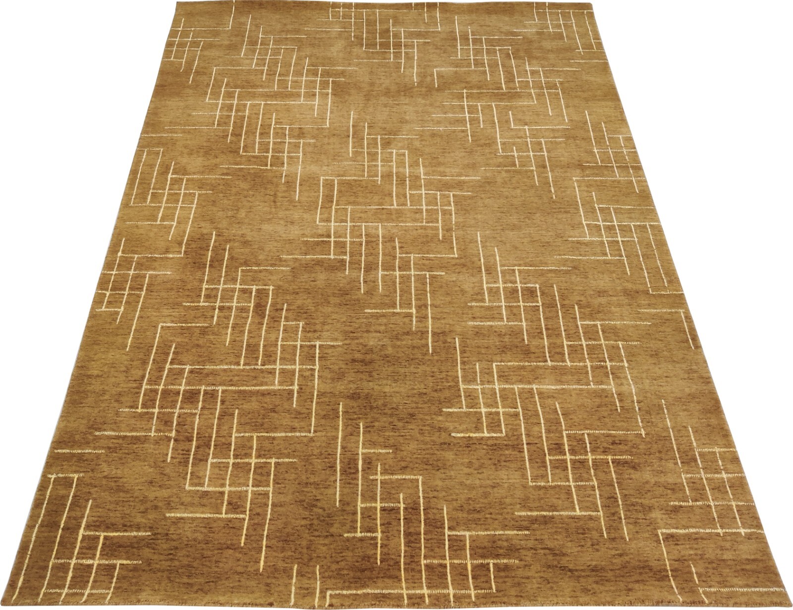 Minimalist Handmade Wool Area Rug for Living Room Golden Brown Geometric 6×8 ft