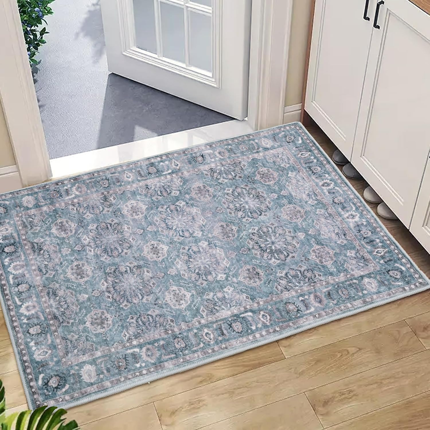 SERISSA Vintage Floral Rugs for Entryway, 2×3 Blue Grey Entryway Rug Non-Slip Wa