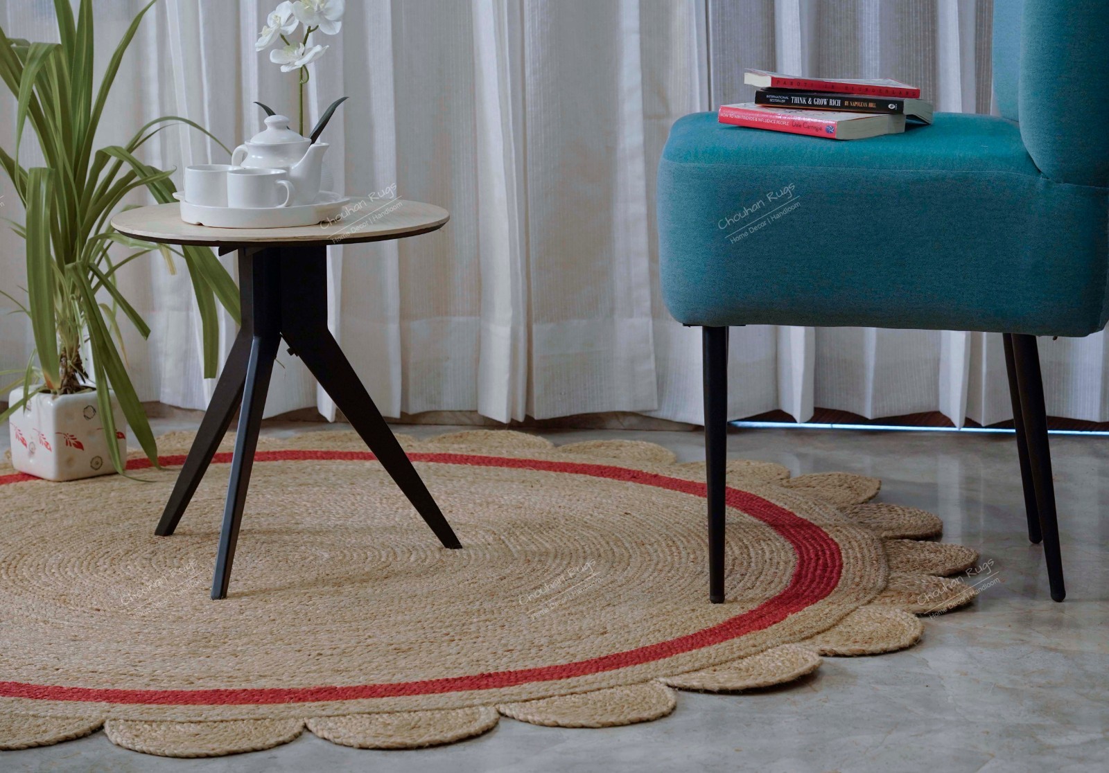 Natural Scallop Jute Rug with red border Large Area Rug for Home Decor Rag Rug