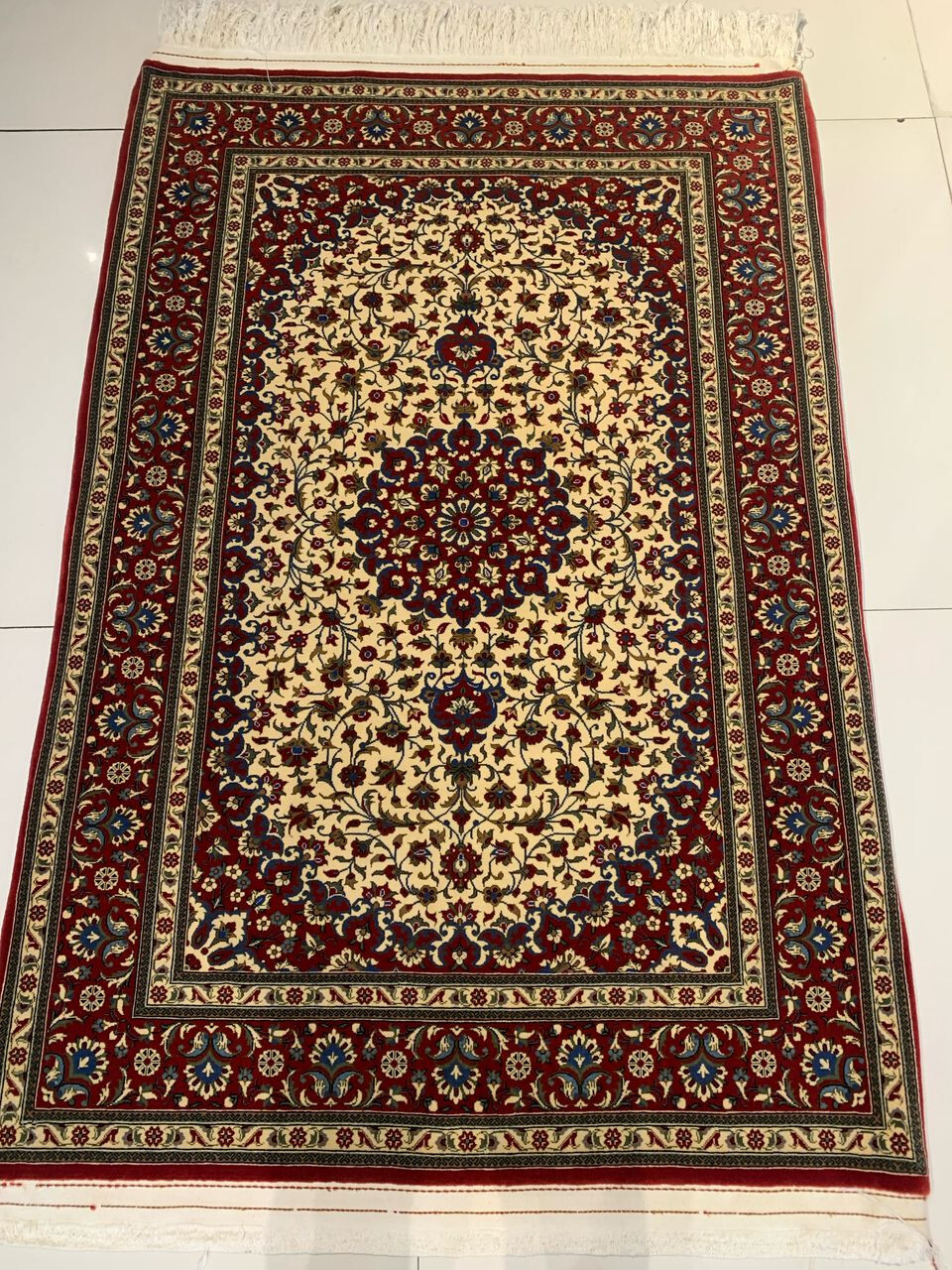 Size: 3.5 x 5 ft x Stunning Handmade Wool Rug, Ivory/Red/Blue, Floral