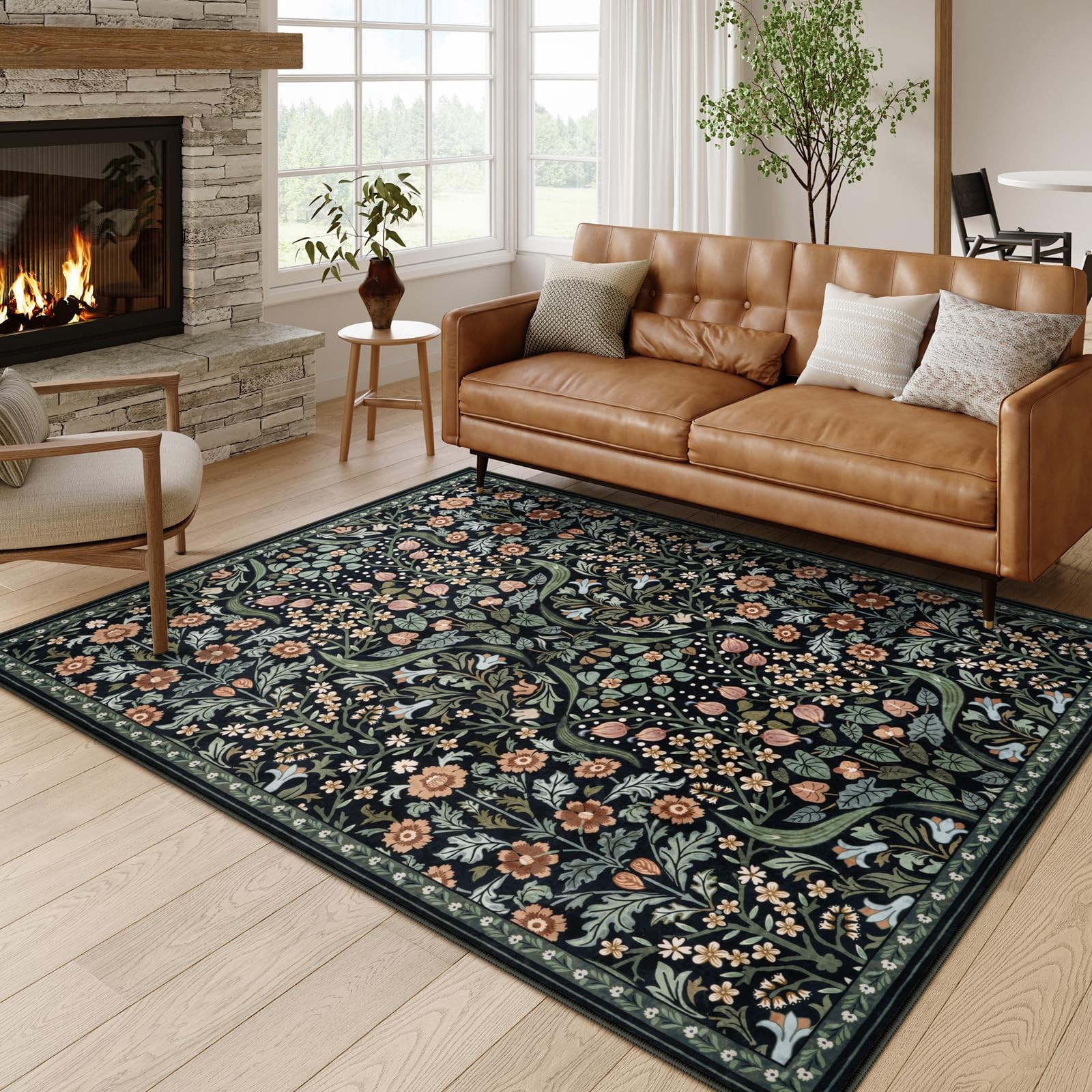 New Moynesa Floral 5×7 Living Room Area Rug, Soft Washable Rugs for Bedroom, Non