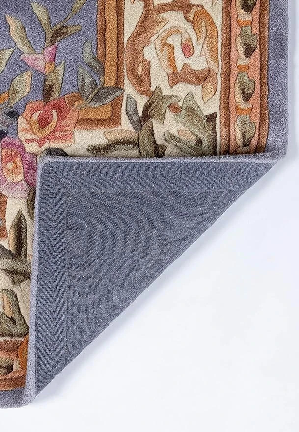 Hand‑Tufted Wool Area Rug Elegant Purple Aubusson Floral for Living Room Carpet
