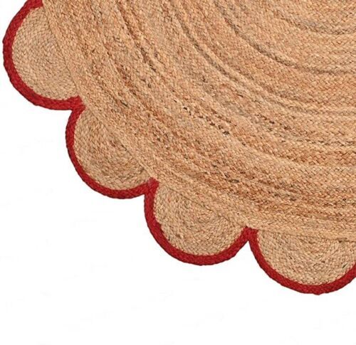 Rug Round Jute Scallop Design Natural Floors Rug Beige RED Black Handmade Carpet