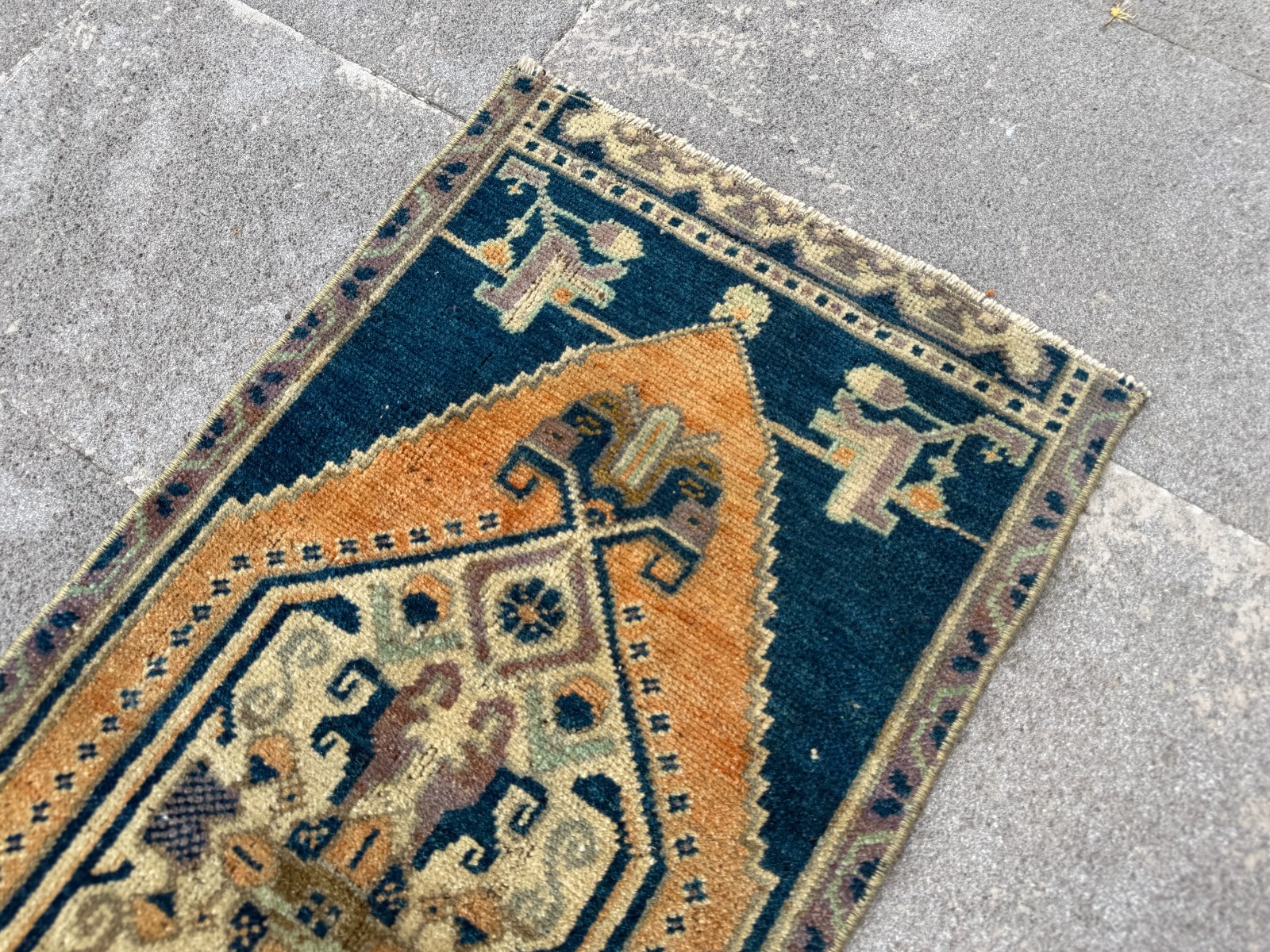 Handwoven Anatolian Accent Carpet 1.4×3.1 Ft Navy Camel Tribal Wool Decor