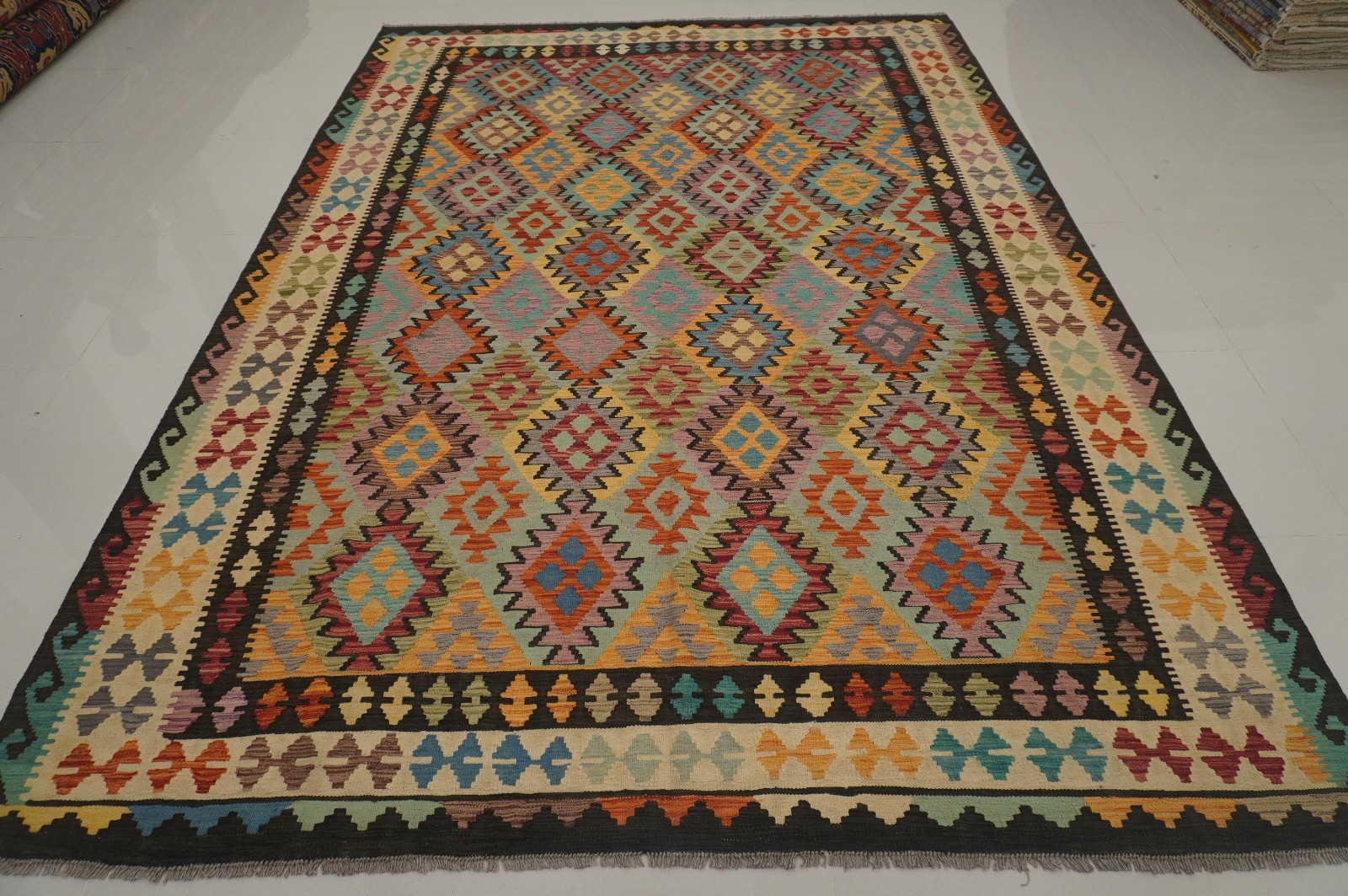 8×11 ft Multicolor Afghan Handmade Geometric Wool Kilim Rug (8’2″x11’3″)