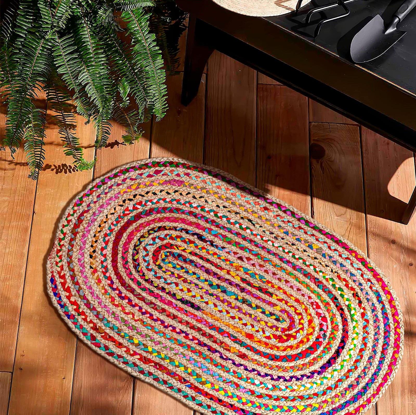 Oval Jute Cotton Chindi Rug 3’x5′ – Multicolor Braided Area Rug for Living Ro…
