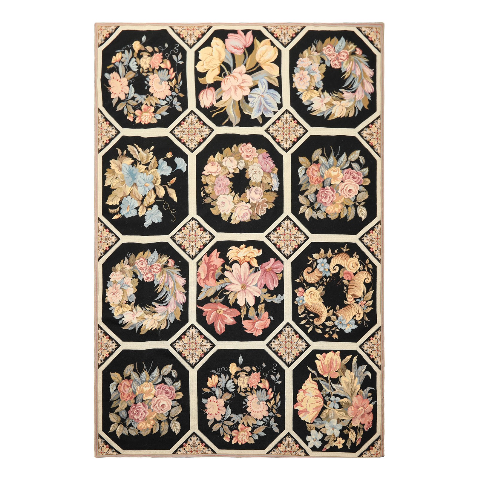 6×9 Hand Woven Wool Black French Aubusson Needlepoint Octagonal Panel Design Rug