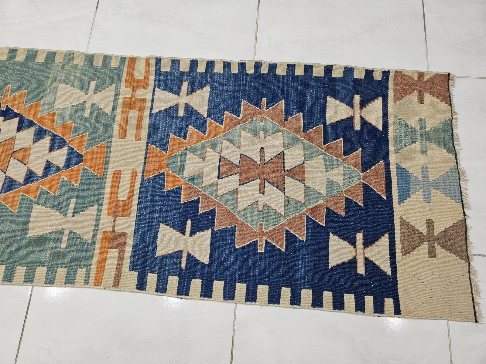 Blue Turkish Kilim Runner Rug, Vintage Hallway Carpet (2×8.7 ft)