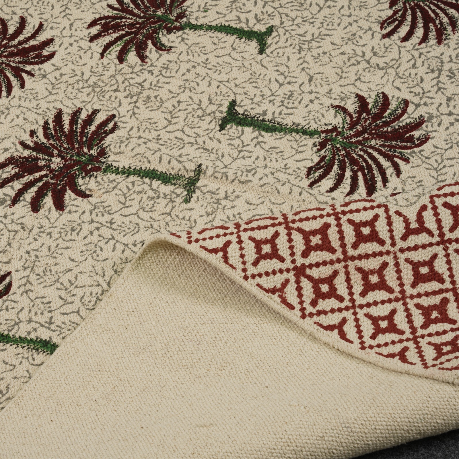 Hand Block Printed Palm Tree Cotton Area Rug Boho Farmhouse Fringe Carpet Decor