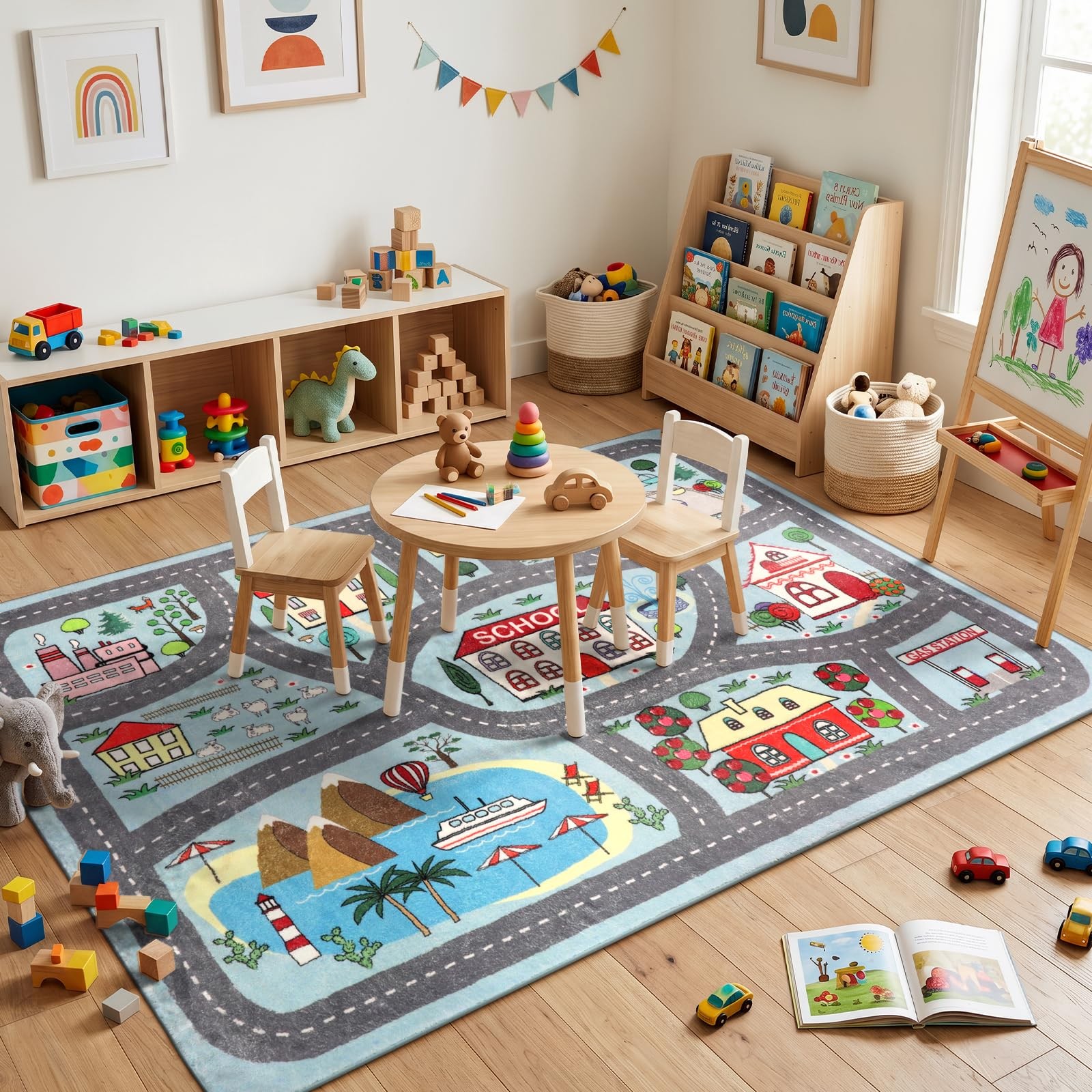 Large Playroom Rug 5’x7′ Kids Play Mat for Classroom, Road Traffic Carpet for…