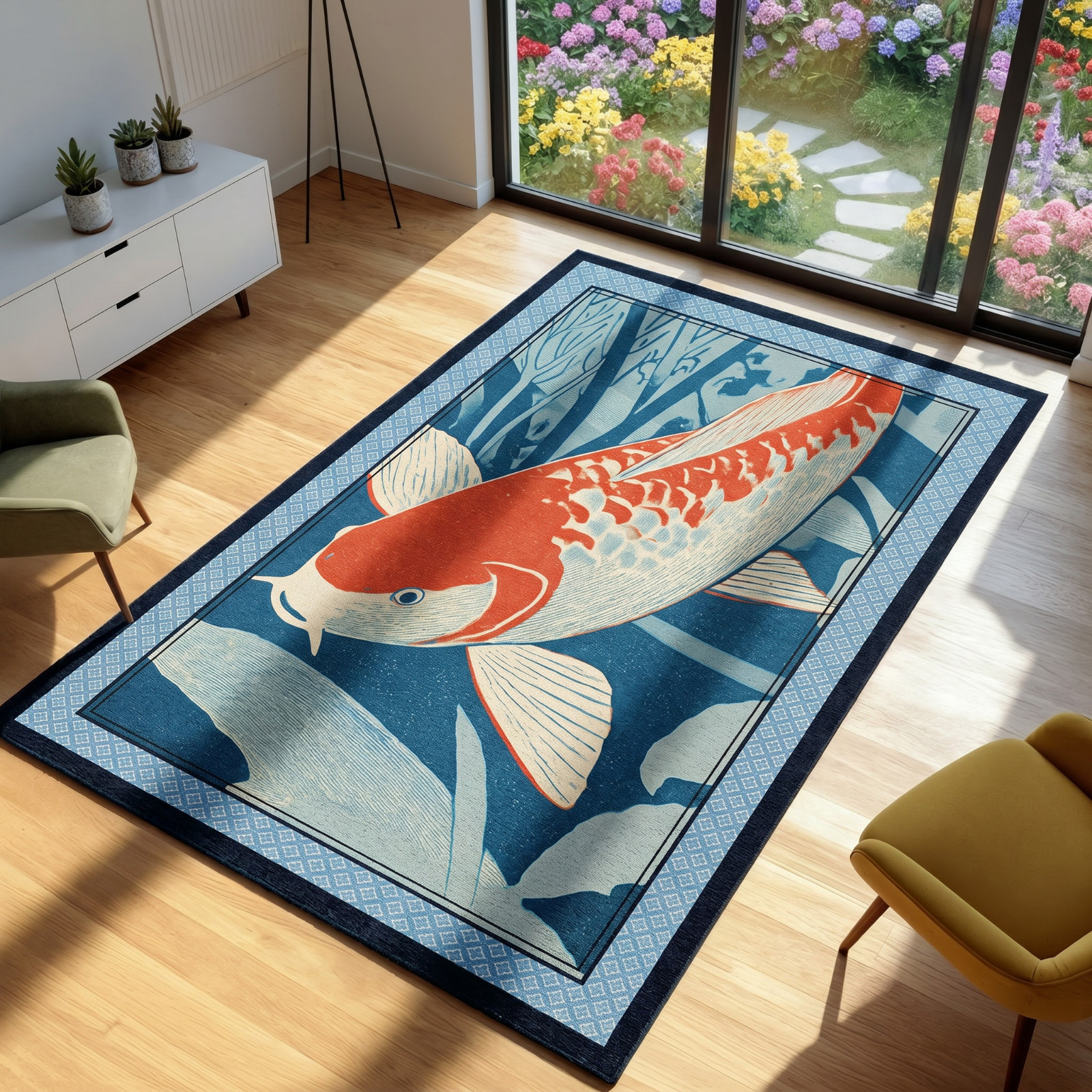 Japanese Koi Fish Art Area Rug, Zen Home Decor Carpet