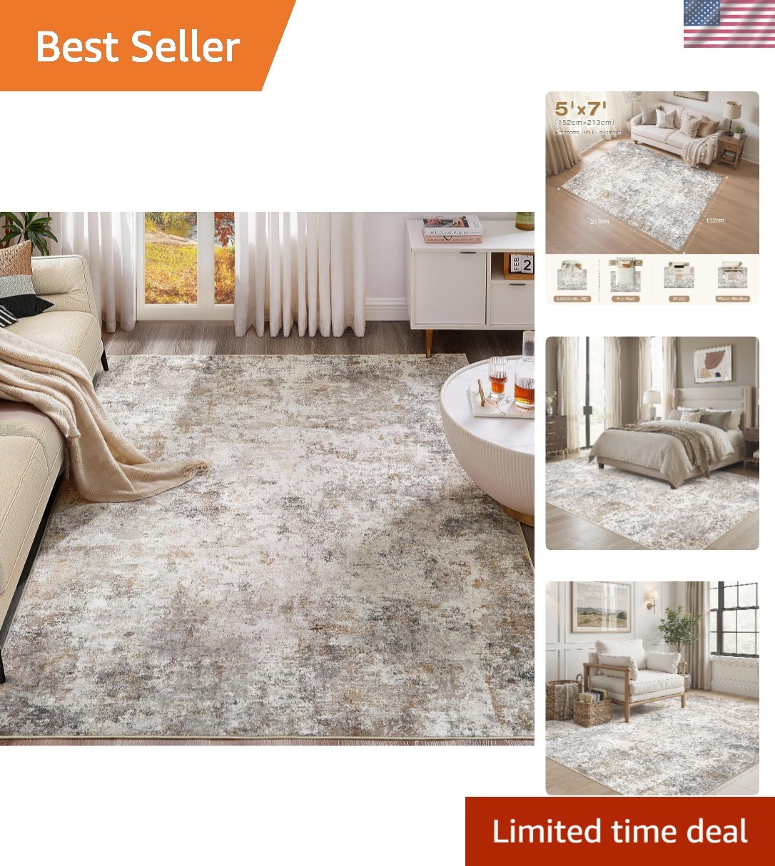 Soft Low Pile 5×7 Area Rug – Durable Non-Slip Abstract Design for Living Room