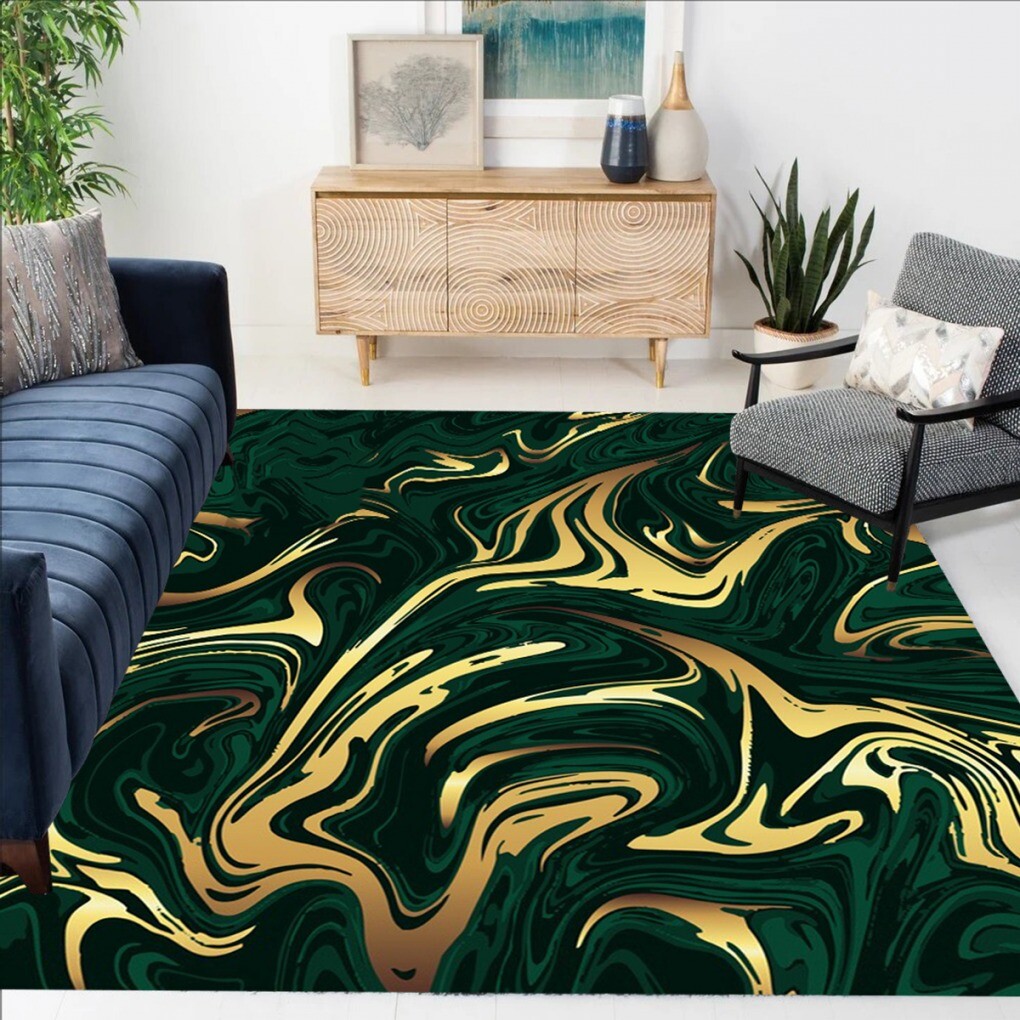 Unique Dark Green Gold Wavy Pattern Carpet Modern Abstract Marble Texture Rug