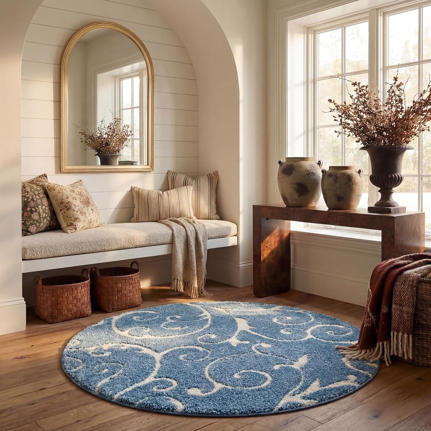 Florida Shag 6’7″ Round Area Rug – Light Blue & Cream, Easy Clean, Plush Pile