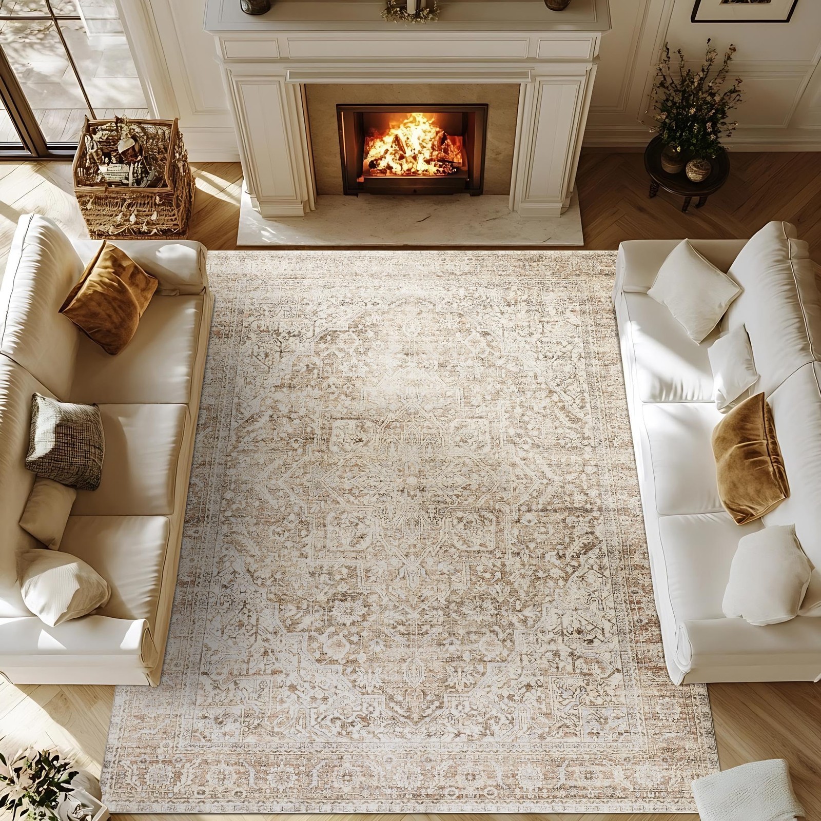 Bileehome Tan Area Rug 6X9 Living Roomwashable Stain Resistant Rustic Country