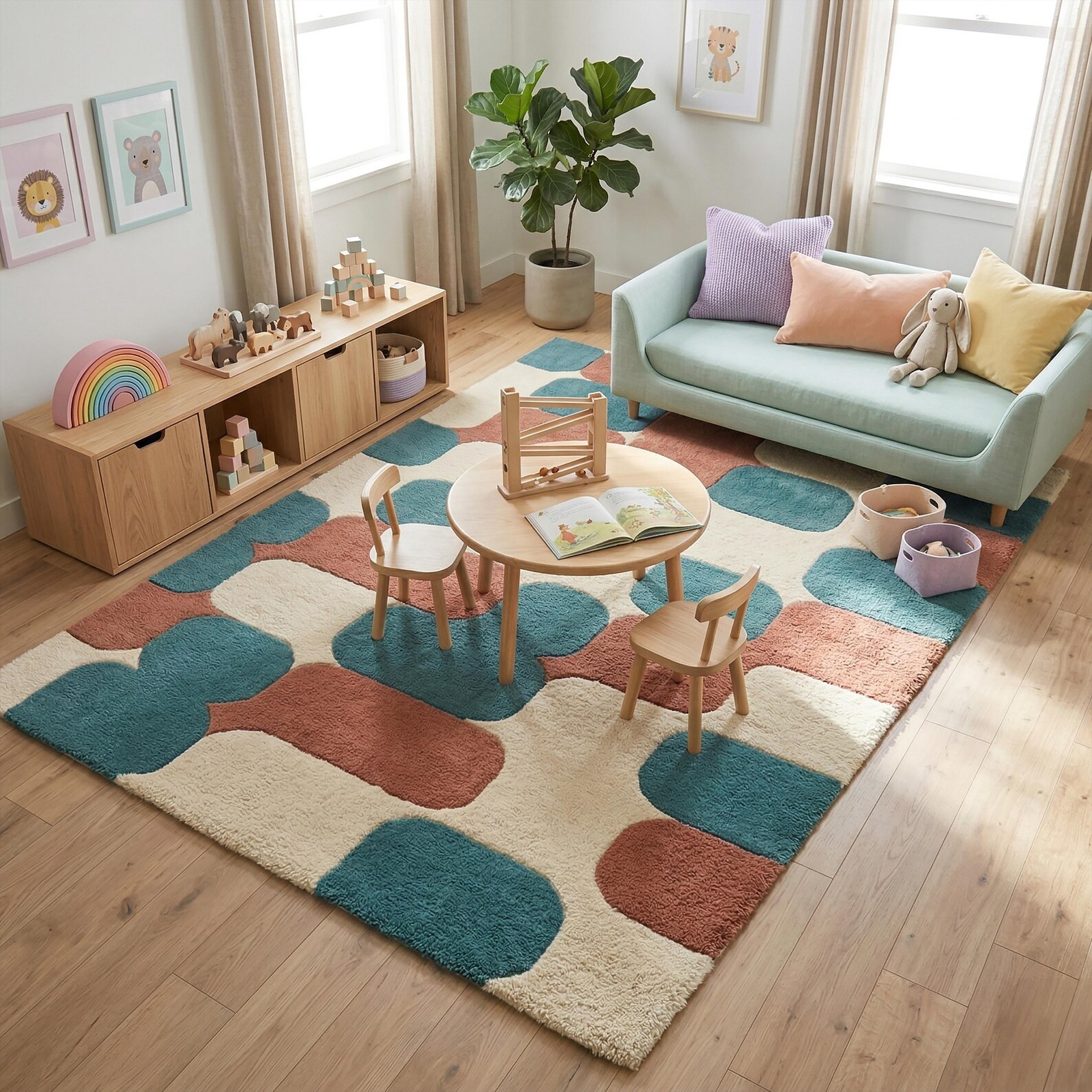 Hand Tufted Wool Rug, Modern Abstract Geometric Cream Teal Terracotta Area Rugs