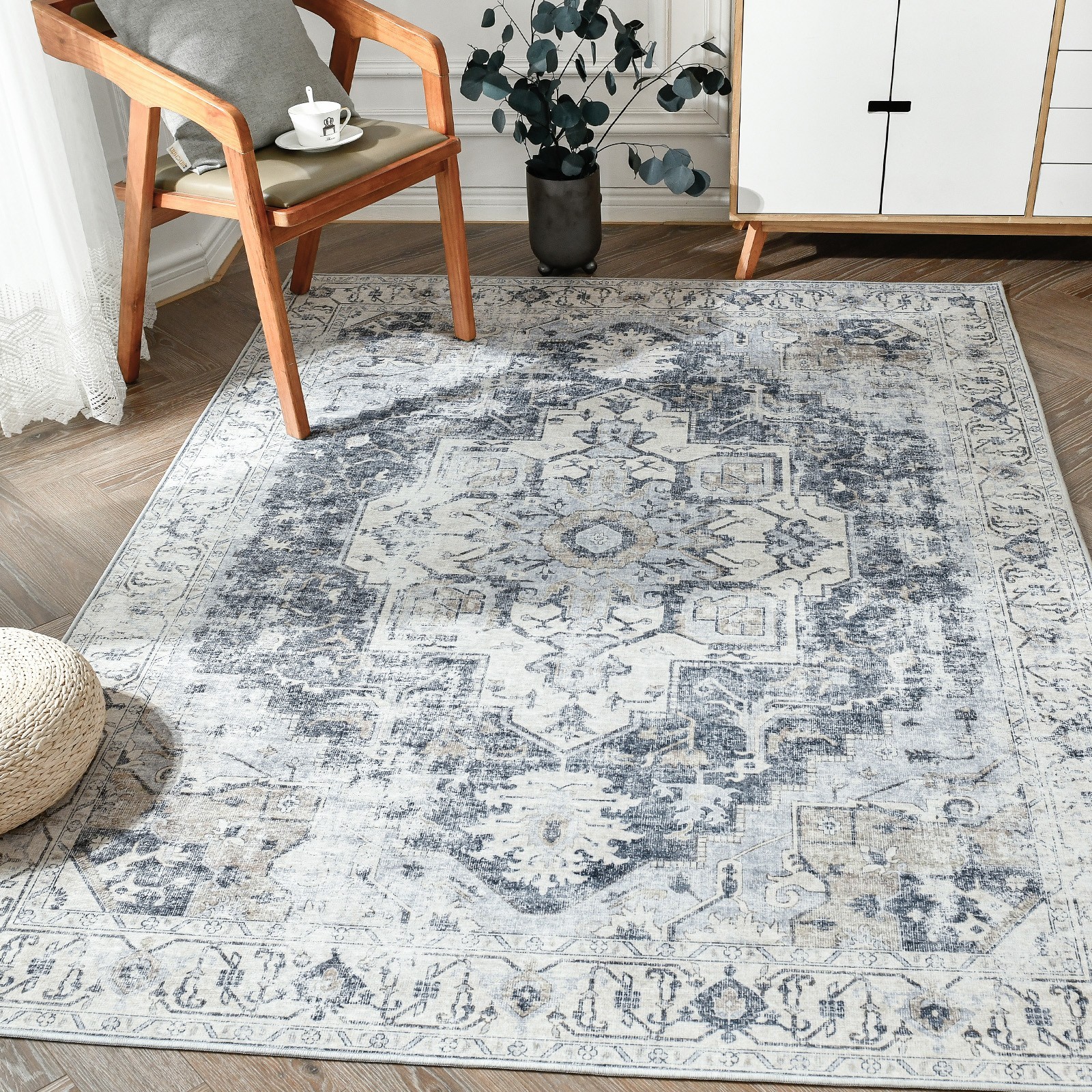 8×10 Area Rug – Vintage Living Room Rug Distressed Floral Pattern Machine Made