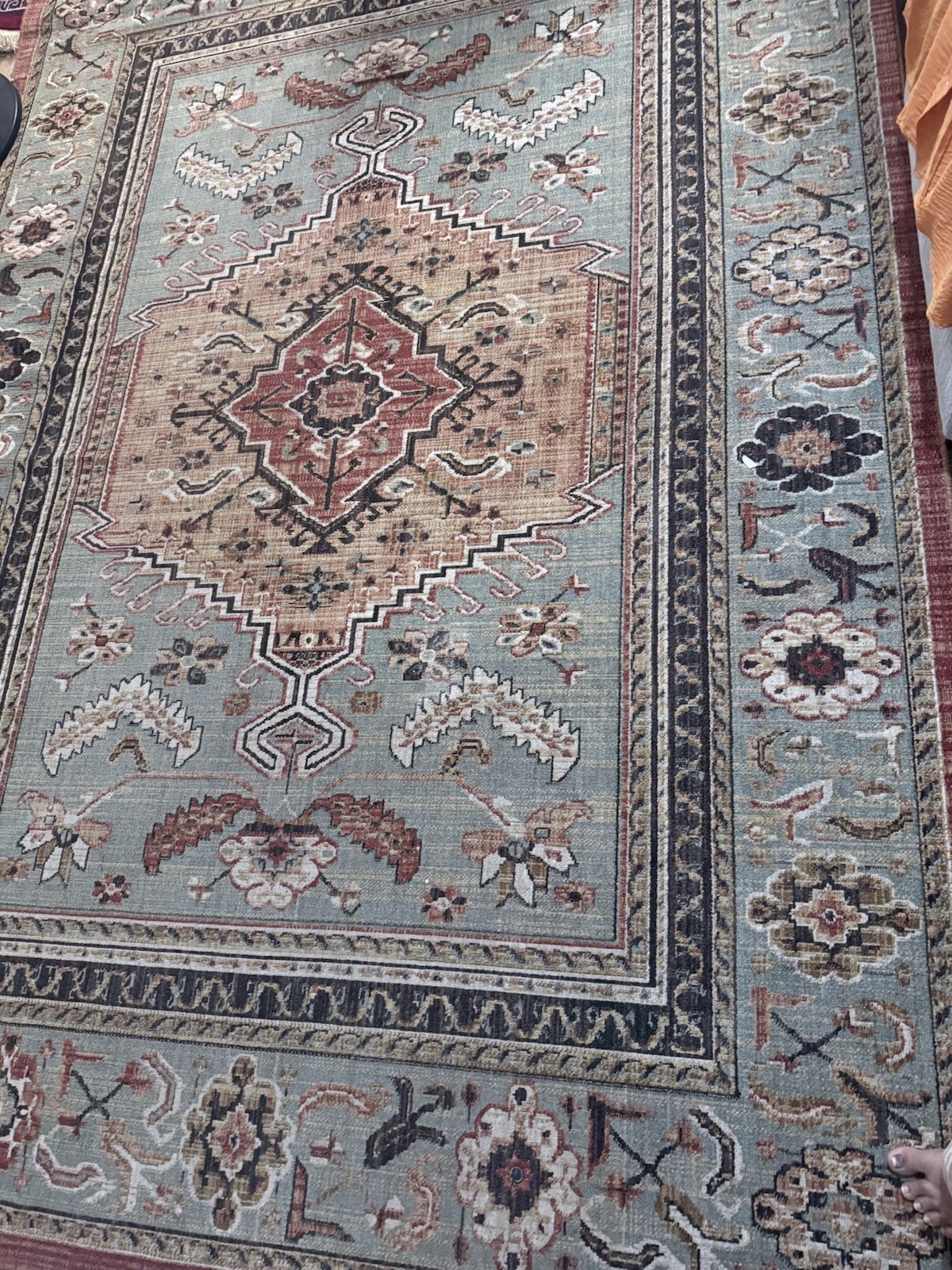 Blue Beige Geometric Medallion Rectangle Area Rug, Red Black Brown Accents