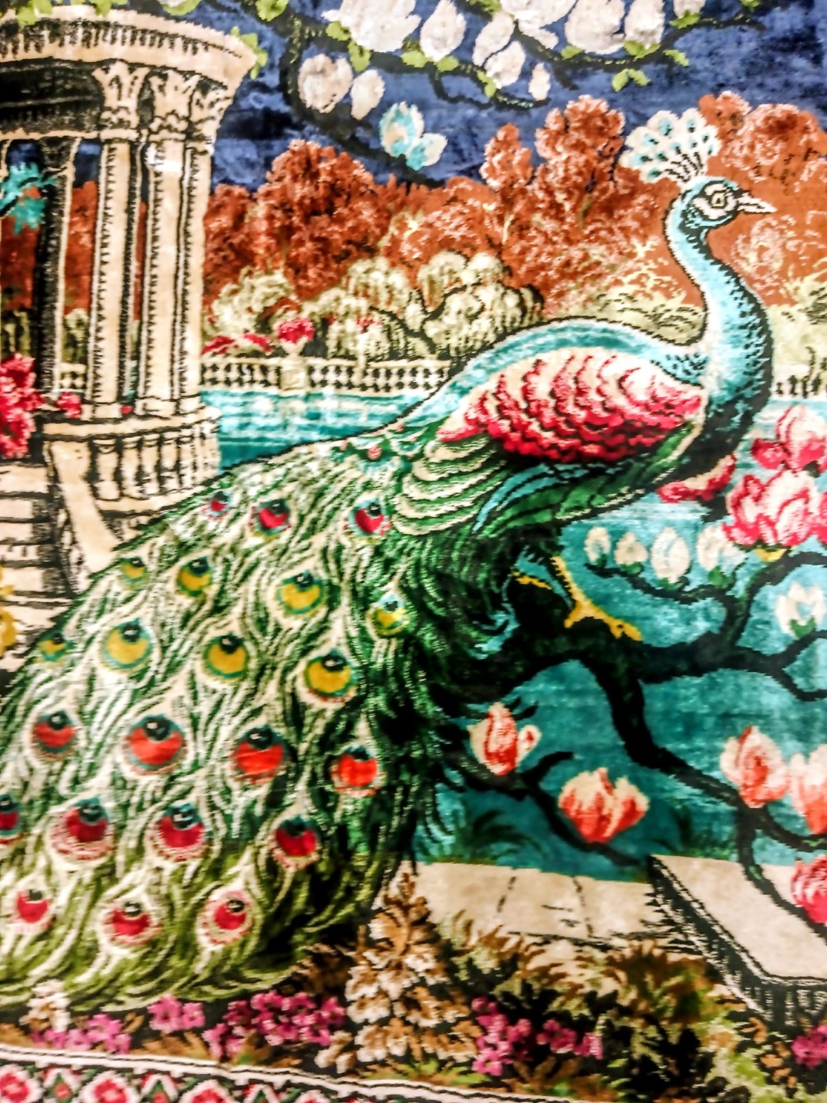 Rare Vintage Blue Peacock Garden Tapestry Rug Floral Twin Peacocks Morocco New