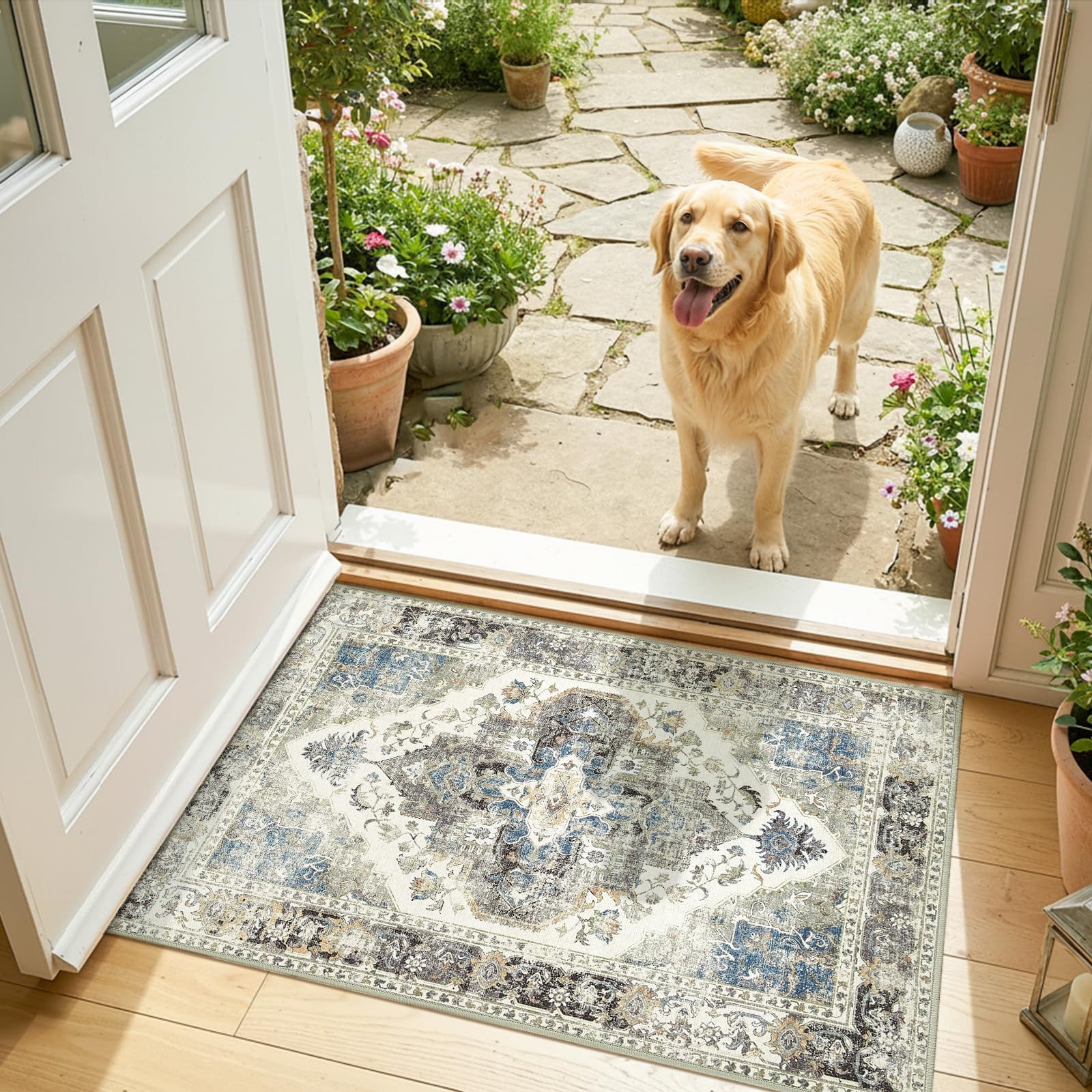 jinchan 2×3 Entryway Rug Vintage Washable Non-Slip Thin Elegant Retro Door Ma…