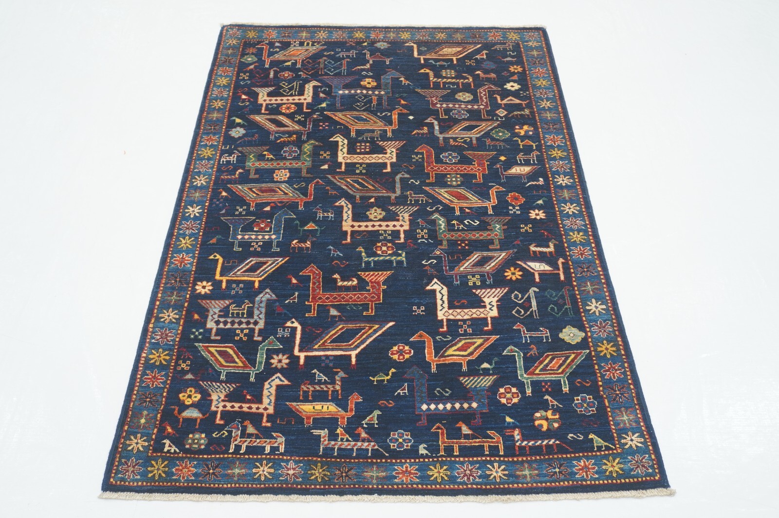 3 x 5 ft Navy Blue Animal Gabbeh Afghan Fine Hand Knotted Wool Tribal Area Rug