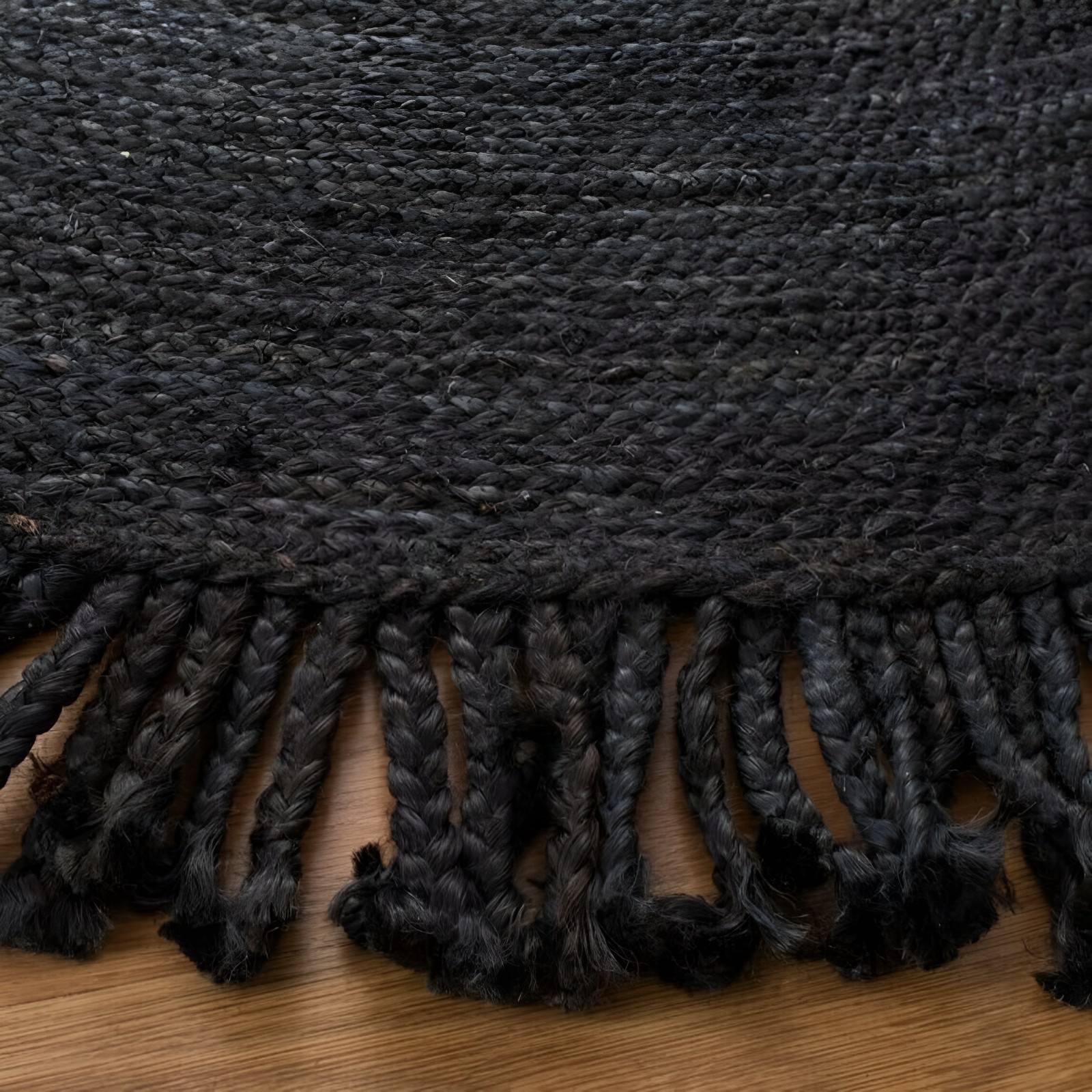 Round Rug Black Jute Farmhouse Natural Carpet Braided With Tassel Reversible Mat