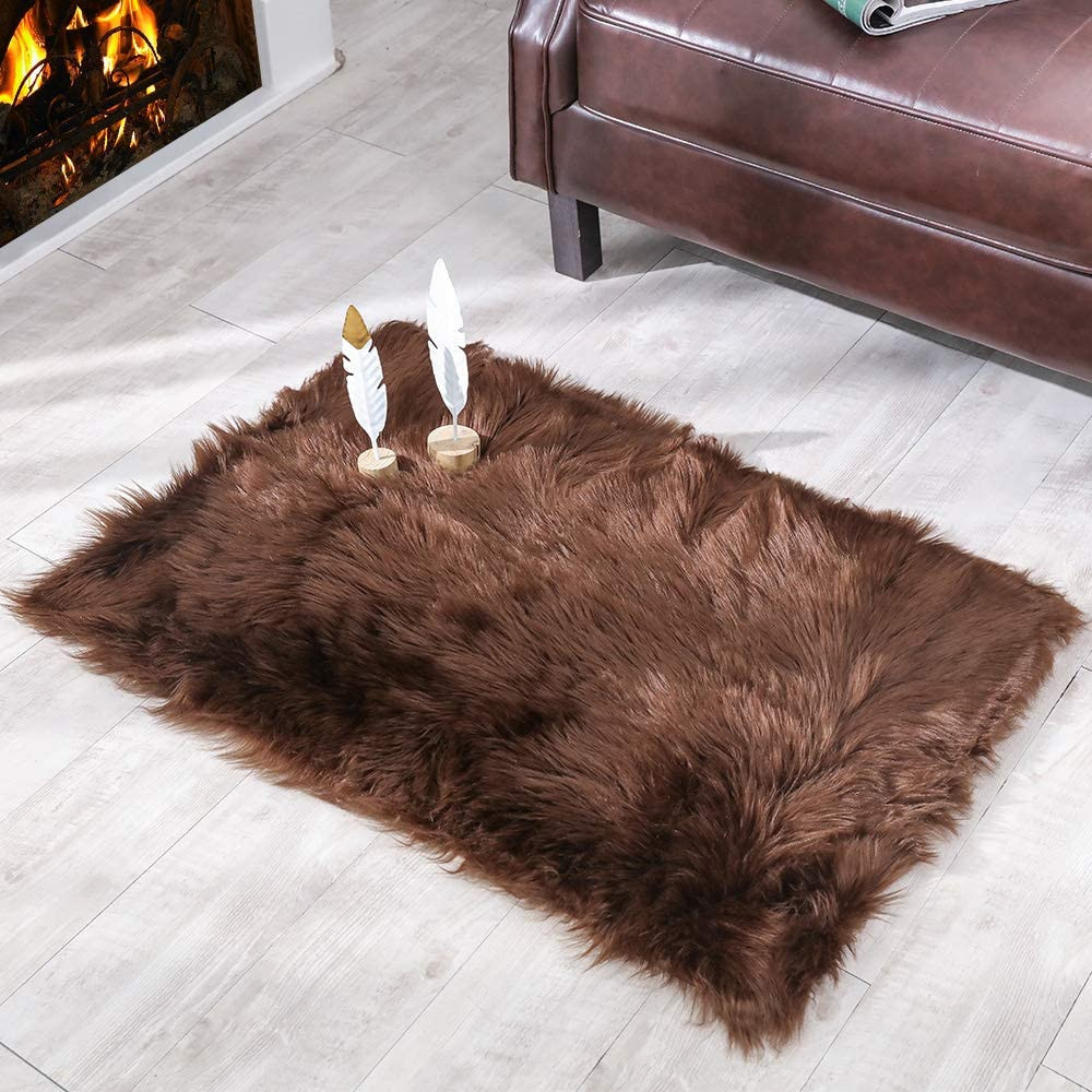 2X3 Brown Faux Sheepskin Area Rug – Fluffy Shaggy Soft Fur Floor Mat, Plush Beds