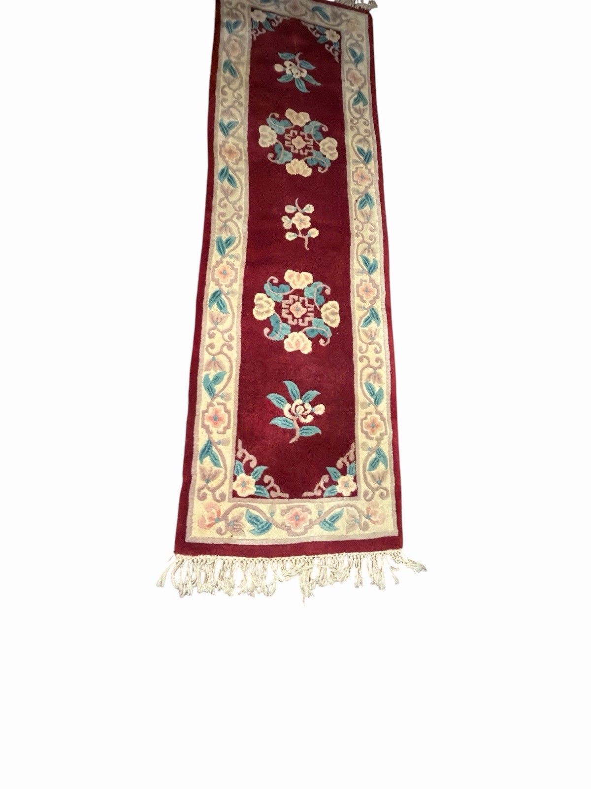 Vintage Handmade Chinese Oriental Wool Runner Rug 2×7.5 Carved Floral Red