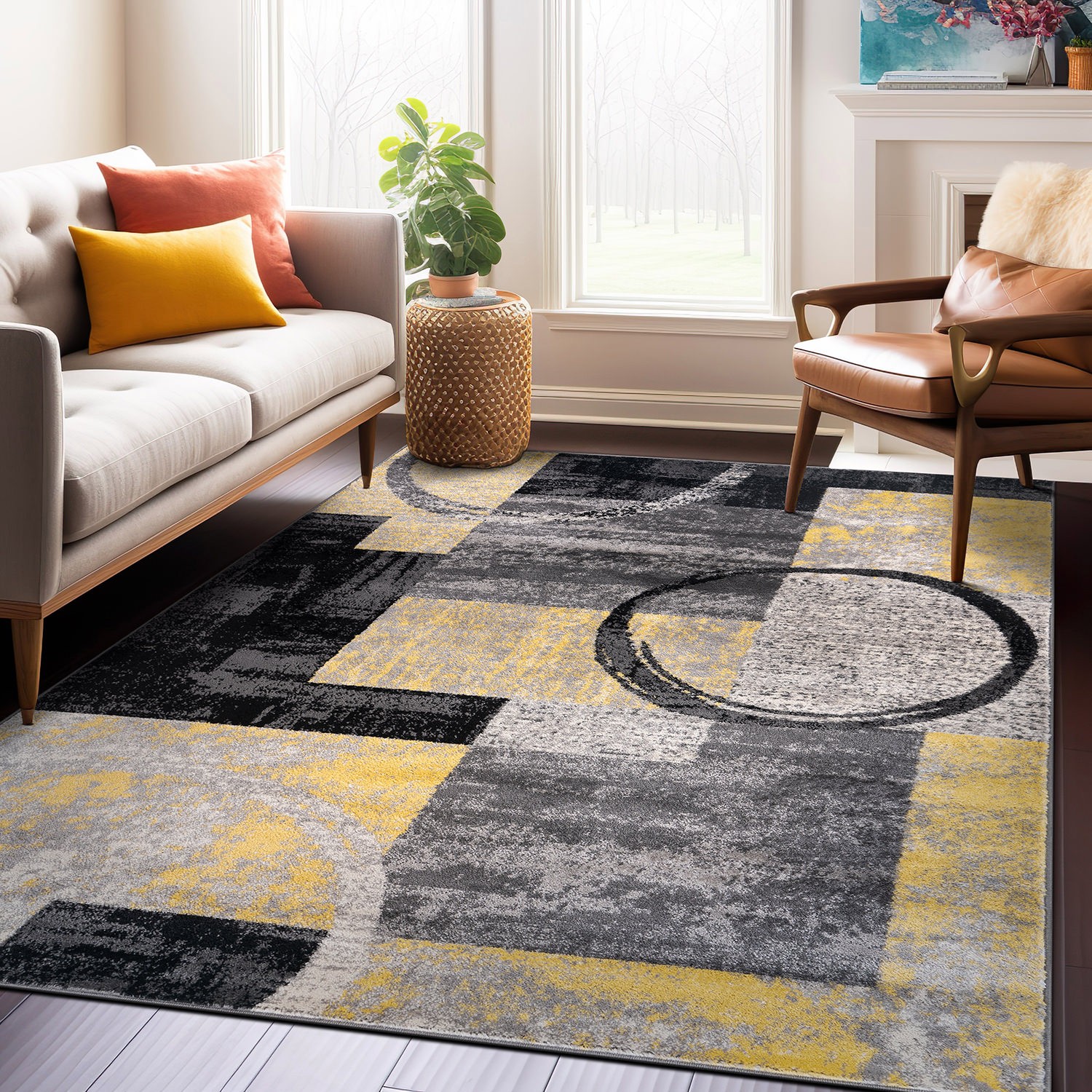 Rugshop Area Rug Abstract Circle Carpet Rugs for Dining Room Yellow Rugs 5×7 Rug