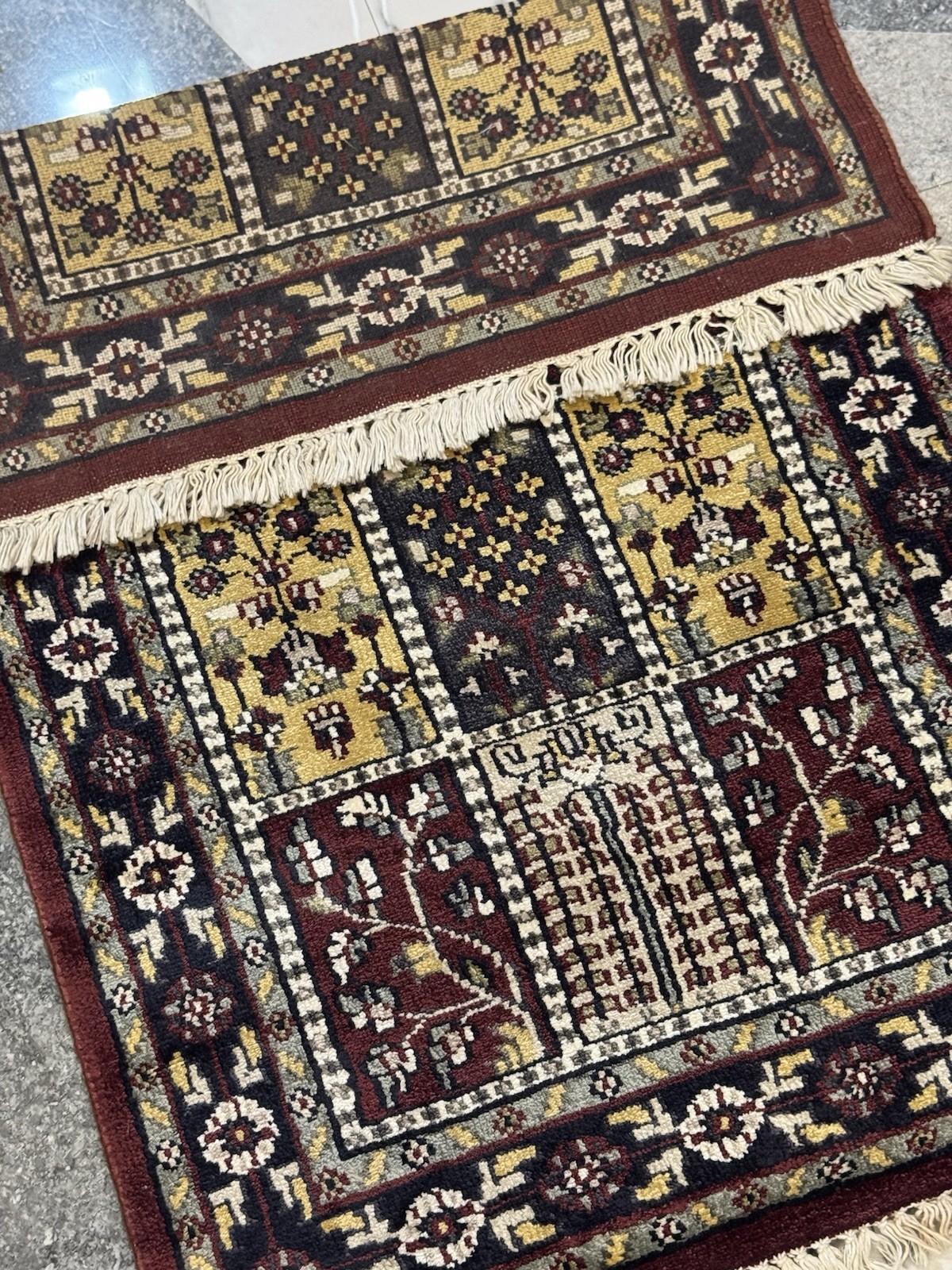 Hand knotted wine red wool art silk rug: 2x3ft Mughal garden tree design
