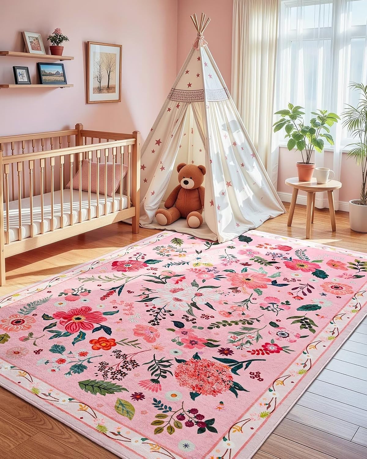 Pale Pink Rug for Girls Room, 5×7 Floral Washable Area Rug Non Slip, Boho Low…
