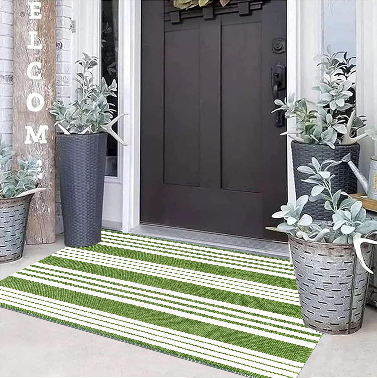 Green and White Striped Outdoor Rug 24” X 51” Front Porch Rug Hand-Woven Machi