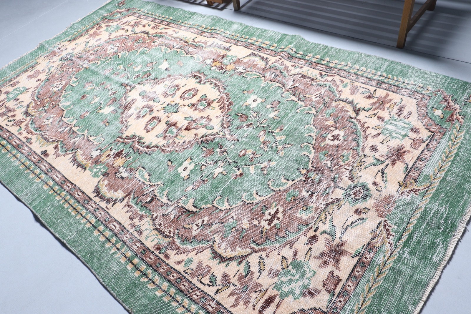 Turkish Large Rug 5,8×9,8 ft (178×299 cm), Vintage Green Striped Wool Rug