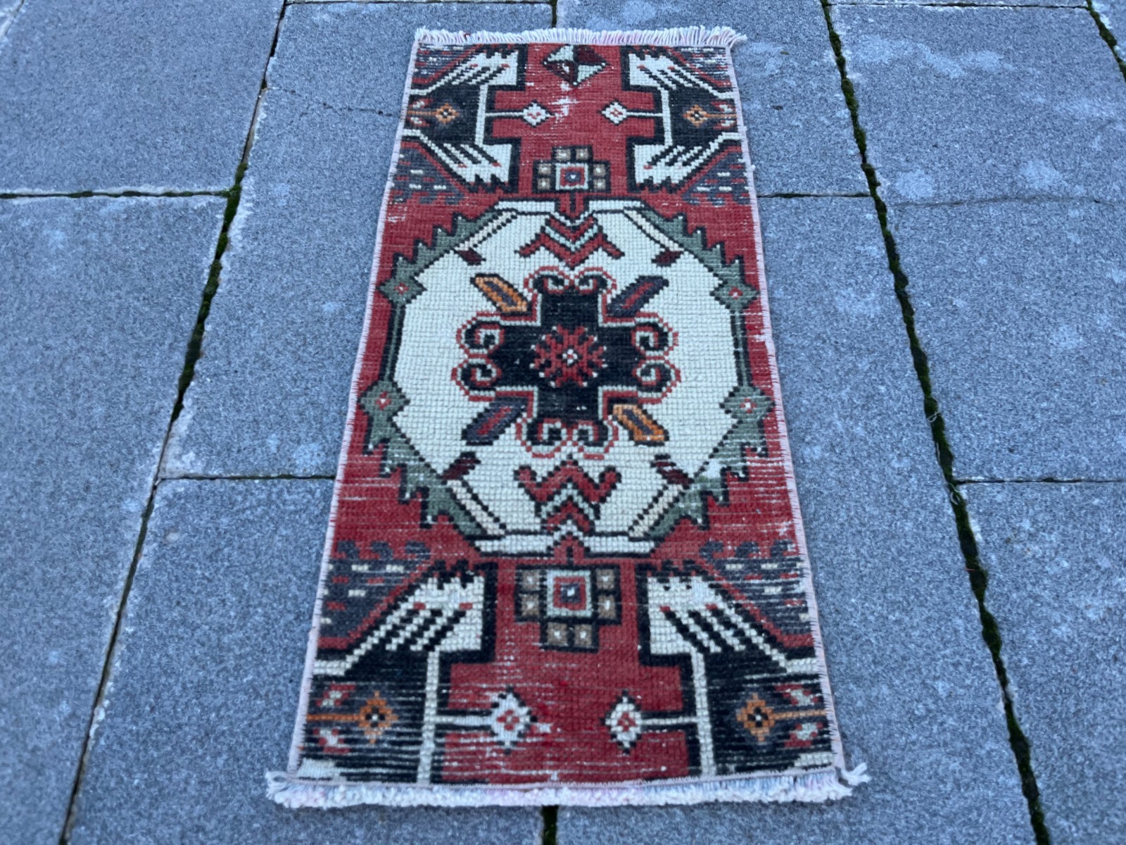 Vintage Turkish Small Rug 1.1×2.5 ft Handwoven Anatolian Wool Mini Runner