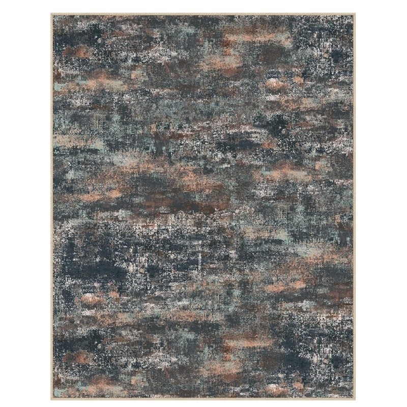 Low Pile Area Rug, 5x7ft, Abstract Dark Blue Rust, Machine Washable, Non Slip