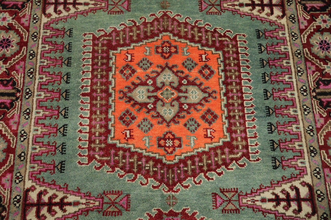 Elegant Turquoise and Coral 6×9 Traditional Hand-Knotted Wool Area Rug