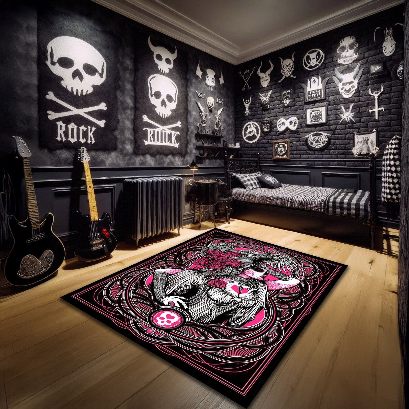 Pink Color Gothic Style Girl Bedroom Carpet Sugar Skull Calavera Rug Decor