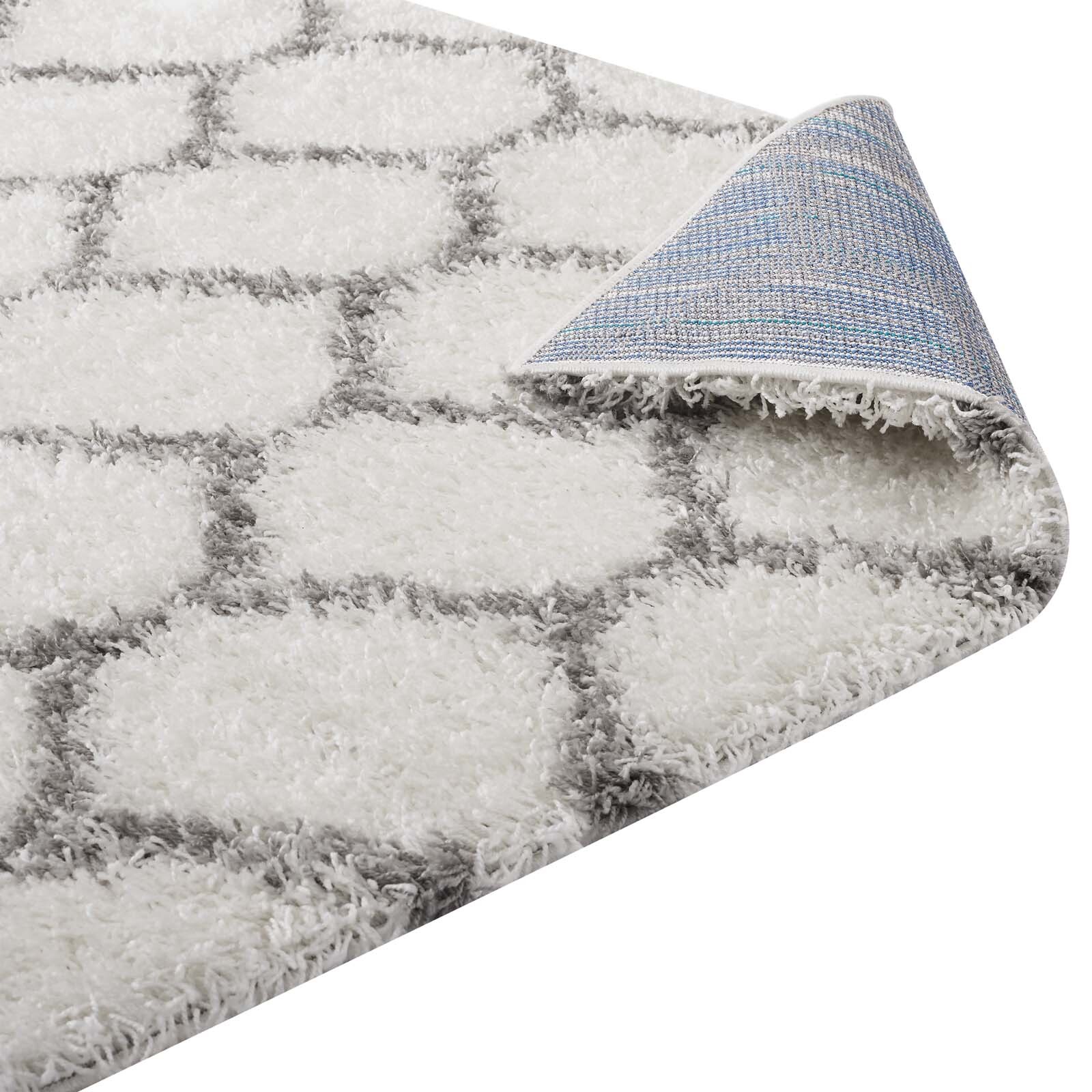 Modway Moroccan Trellis Lattice Design Shag Pile 5×8 Area Rug in Ivory and Gray