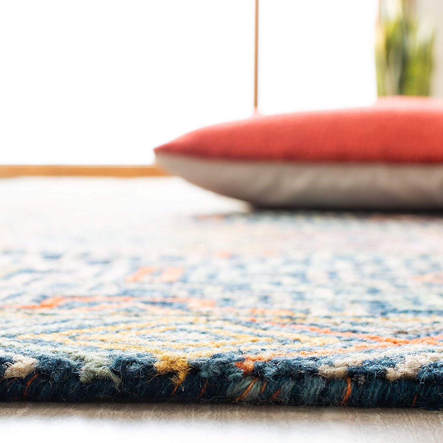 Handmade Boho Wool Area Rug 5′ x 8′ – Blue & Gold for High Traffic Areas