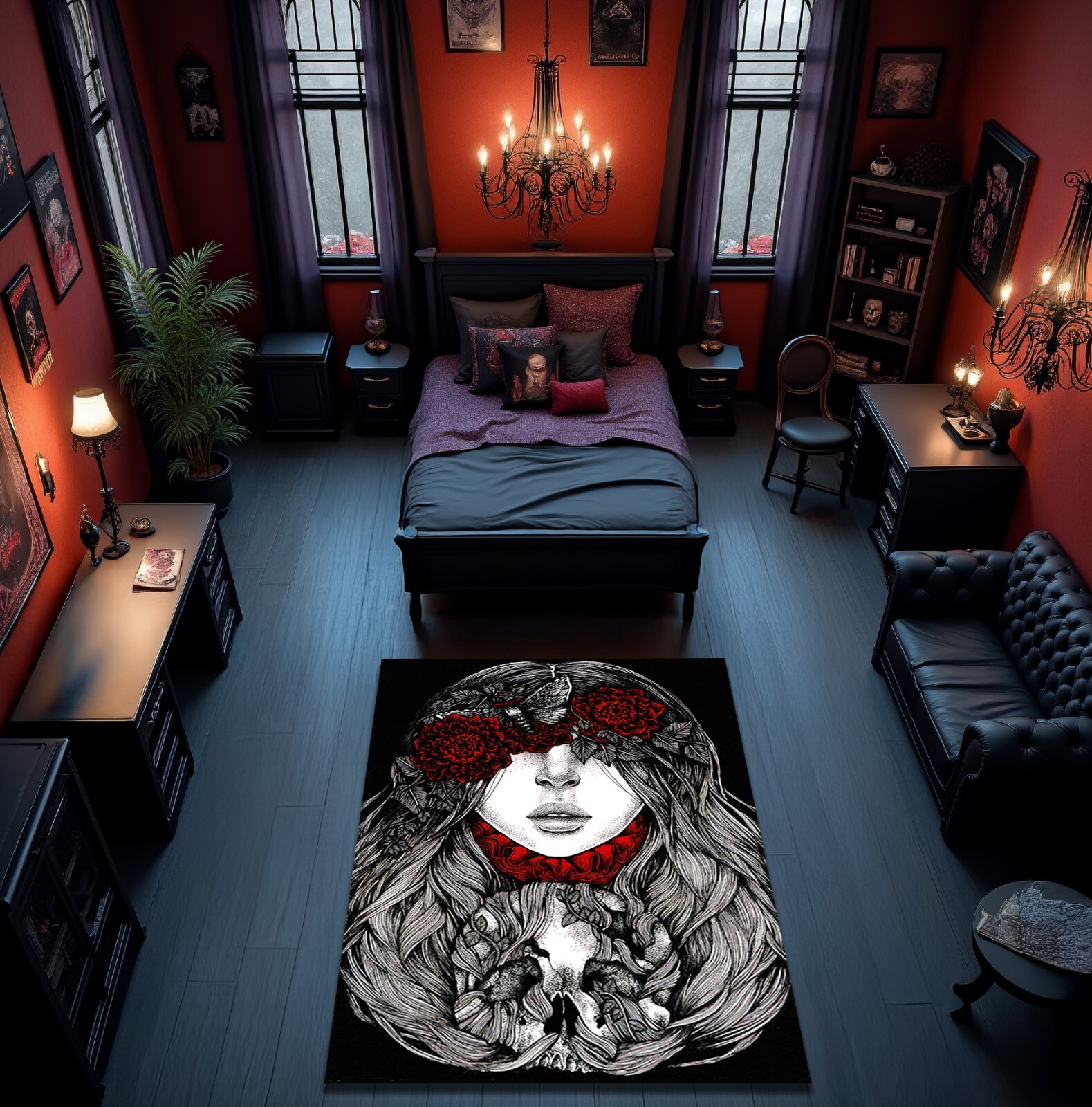 Gothic Girl Rug Skull Rose Carpet Spooky Mat Nonslip Black Spooky Horror Decor