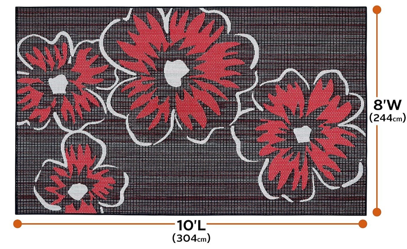 Outzoor Floral Area Rug 8×10 ft Rectangle, Black/Red/White, Poly, 0.25 in Thick