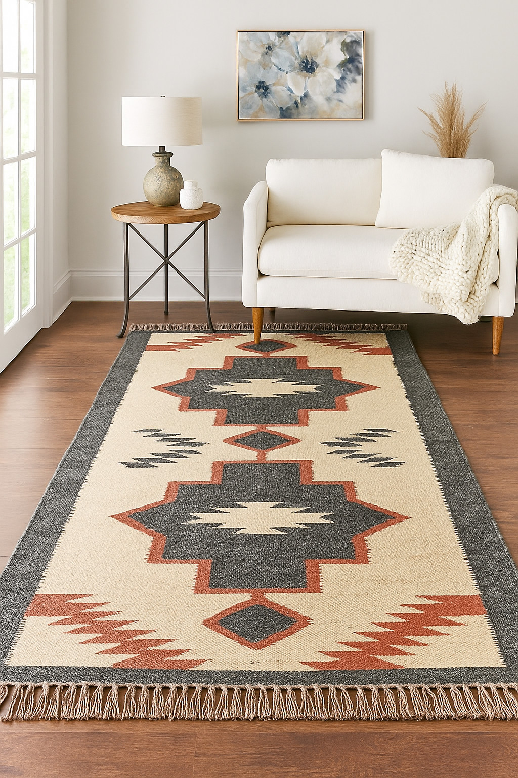 Handwoven Geometric Jute Wool Kilim Rug Tribal Carpet Fringe Beige Grey runner
