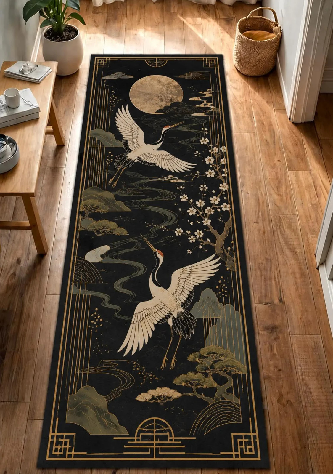 Japanese Crane Runner Rug Black Gold– Oriental Moon , modern Carpet for bedroom