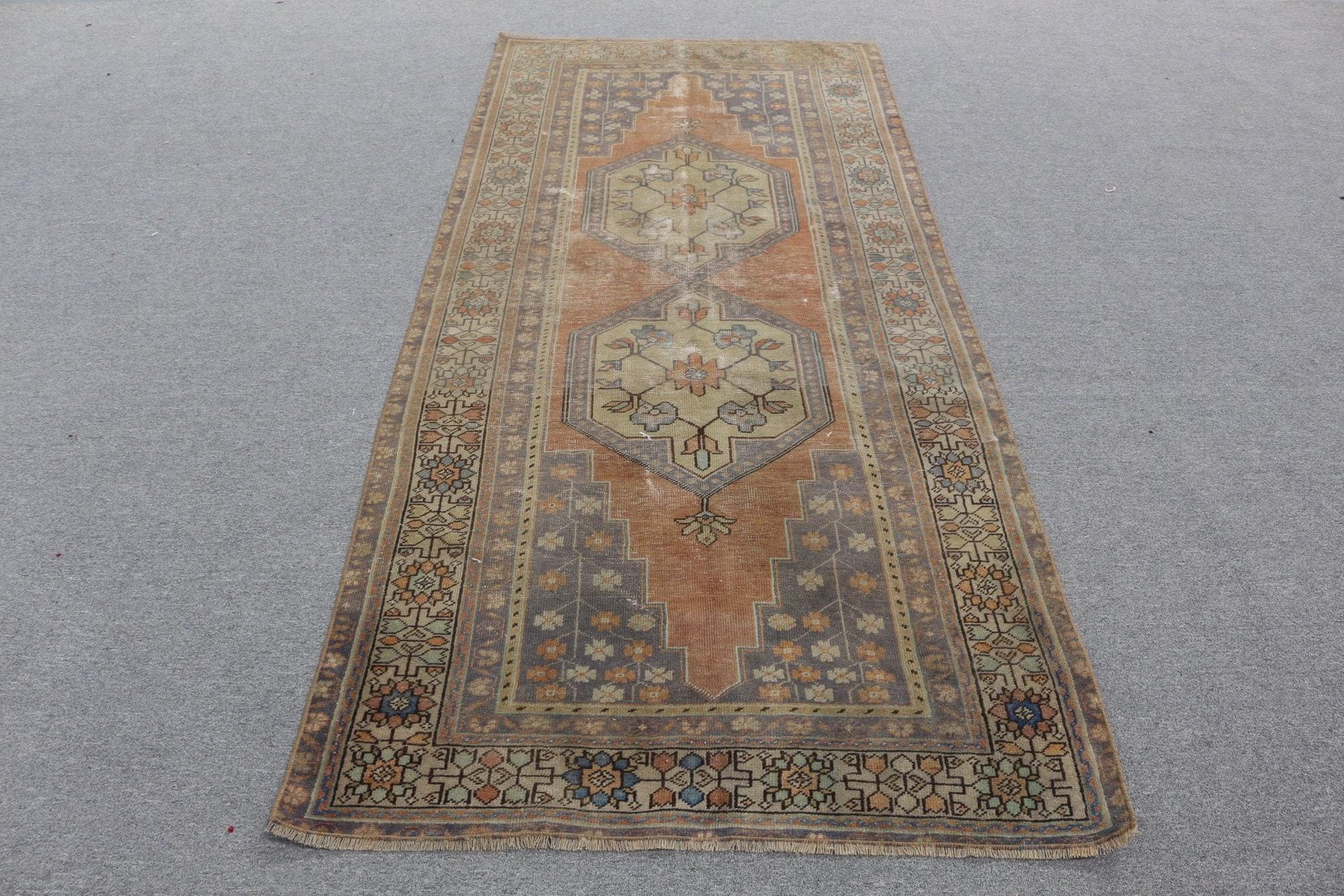 3,7×8,2 ft Rug, Turkish Vintage Rug, Brown Orange Animal Print Wool Rug