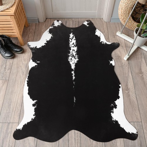 Small Cowhide Rug Black Area Rug 2.3×3.6ft Calf Hide Leather Carpet Western Wall