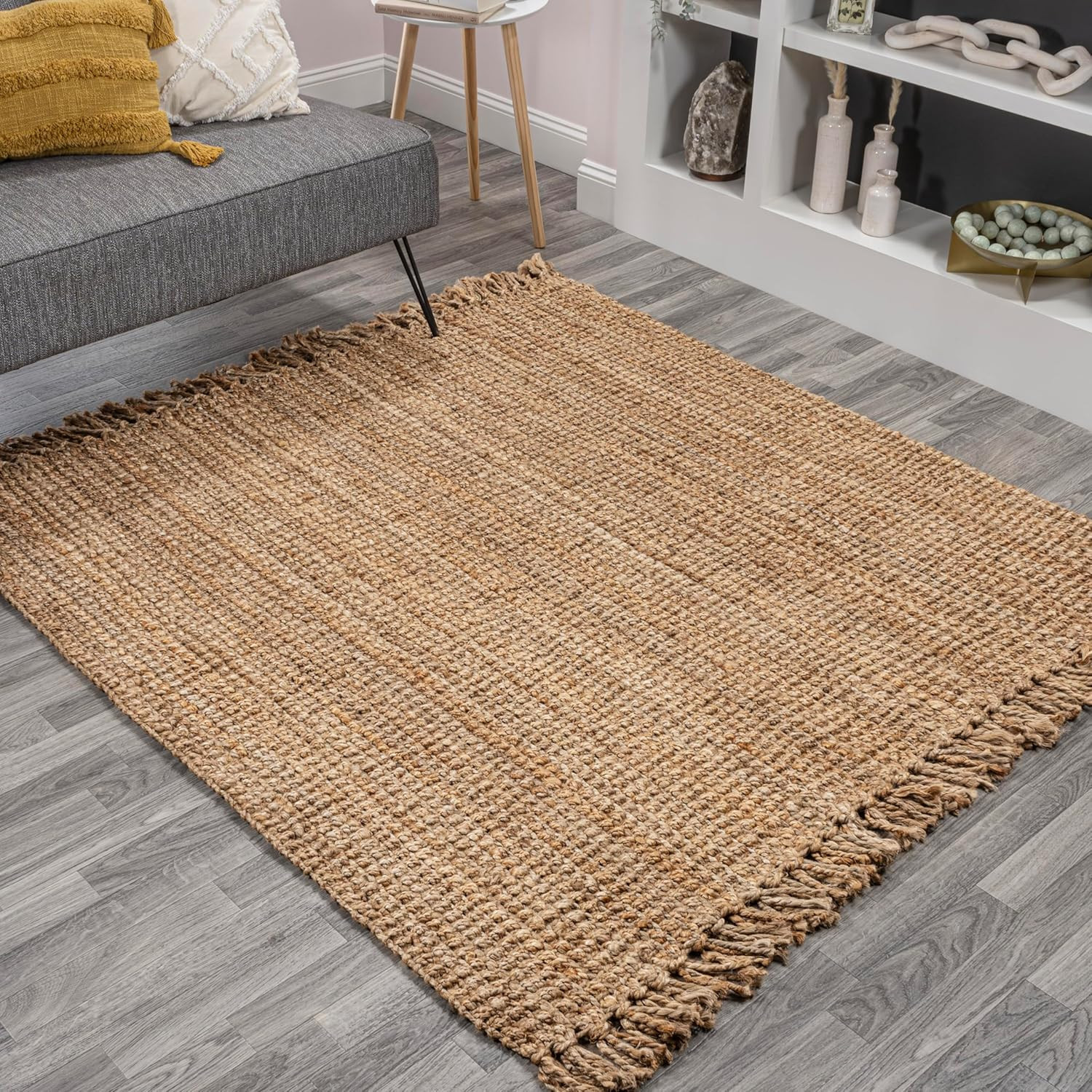 Handwoven Jute Fringe 8×8 Square Rug – Bohemian Rustic Easy-Cleaning Decor